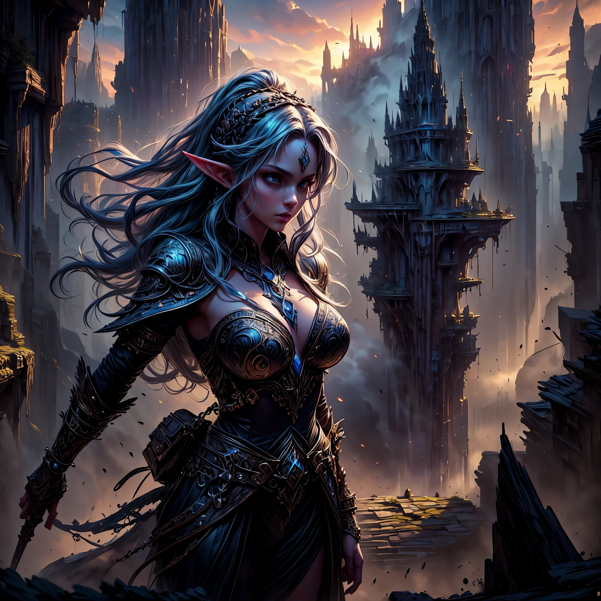 a picture of a female elf (intense details, Masterpiece, best quality: 1.5) fantasy swashbuckler, fantasy fencer, armed with a slim sword, shinning sword, metallic shine, colorful clothes, dynamic clothing, an ultra wide shot, full body (intense details, Masterpiece, best quality: 1.5)epic beautiful female elf (intense details, Masterpiece, best quality: 1.5), rich hair, braided hair, small pointed ears, GlowingRunes_pink [colorful magical sigils in the air],[ colorful arcane markings floating] (intricate details, Masterpiece, best quality: 1.6), holding a [sword] (intricate details, Masterpiece, best quality: 1.6) holding a [sword glowing in red light]fantasy urban street (intense details, Masterpiece, best quality: 1.5),  purple cloak, long cloak (intense details, Masterpiece, best quality: 1.5), sense of daring, sense of adventure,  high details, best quality, 8k, [ultra detailed], masterpiece, best quality, (extremely detailed), dynamic angle, ultra wide shot, photorealistic, RAW, fantasy art, dnd art,fantasy art, realistic art,