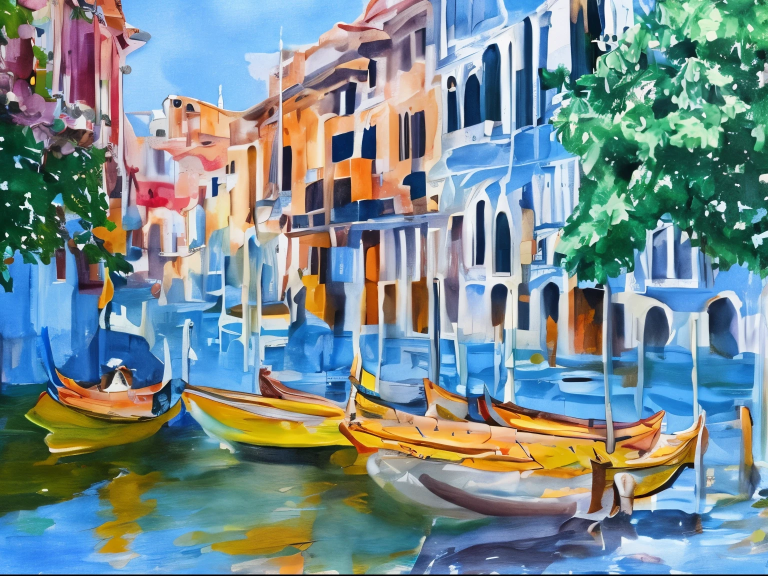 pintura de acuarela, Venecia, Hora de verano, Sombra, al estilo de Prafull Sawant.