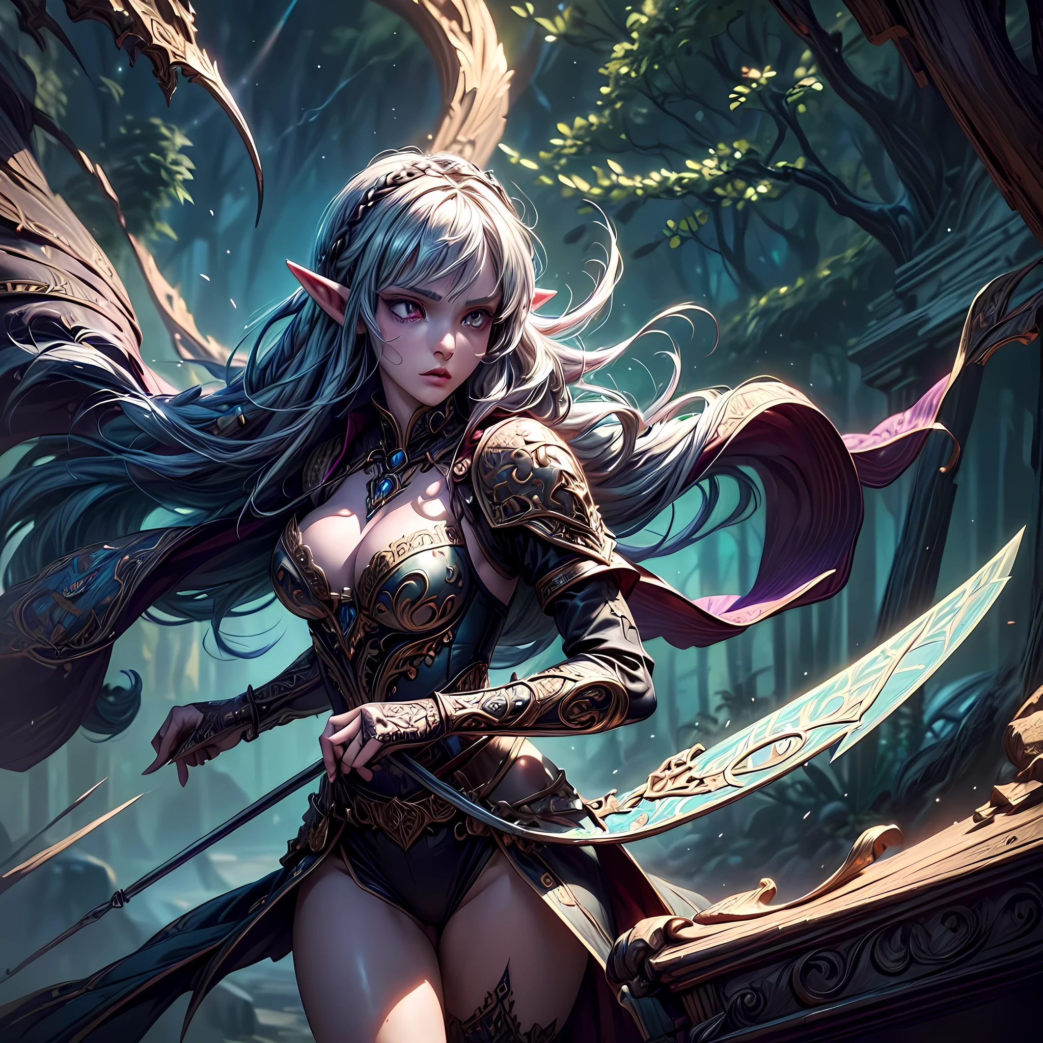 a picture of a female elf (intense details, Masterpiece, best quality: 1.5) fantasy swashbuckler, fantasy fencer, armed with a slim sword, shinning sword, metallic shine, colorful clothes, dynamic clothing, an ultra wide shot, full body (intense details, Masterpiece, best quality: 1.5)epic beautiful female elf (intense details, Masterpiece, best quality: 1.5), rich hair, braided hair, small pointed ears, GlowingRunes_pink [colorful magical sigils in the air],[ colorful arcane markings floating] (intricate details, Masterpiece, best quality: 1.6), holding a [sword] (intricate details, Masterpiece, best quality: 1.6) holding a [sword glowing in red light]fantasy urban street (intense details, Masterpiece, best quality: 1.5),  purple cloak, long cloak (intense details, Masterpiece, best quality: 1.5), sense of daring, sense of adventure,  high details, best quality, 8k, [ultra detailed], masterpiece, best quality, (extremely detailed), dynamic angle, ultra wide shot, photorealistic, RAW, fantasy art, dnd art,fantasy art, realistic art,