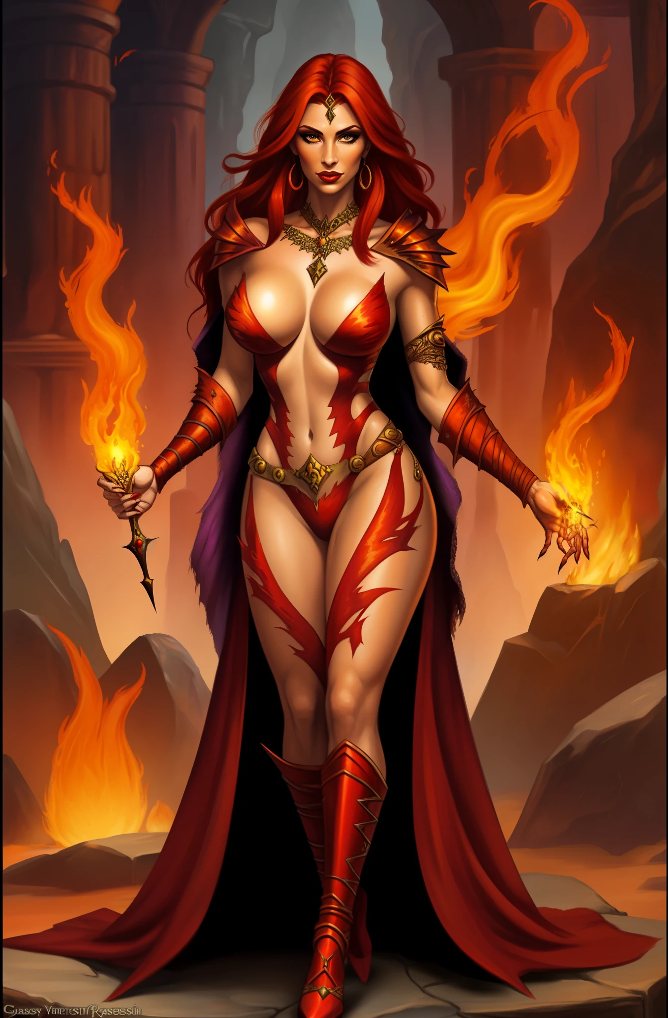 Fantasy Female sorceress, fiery red hair, latina, fail skin