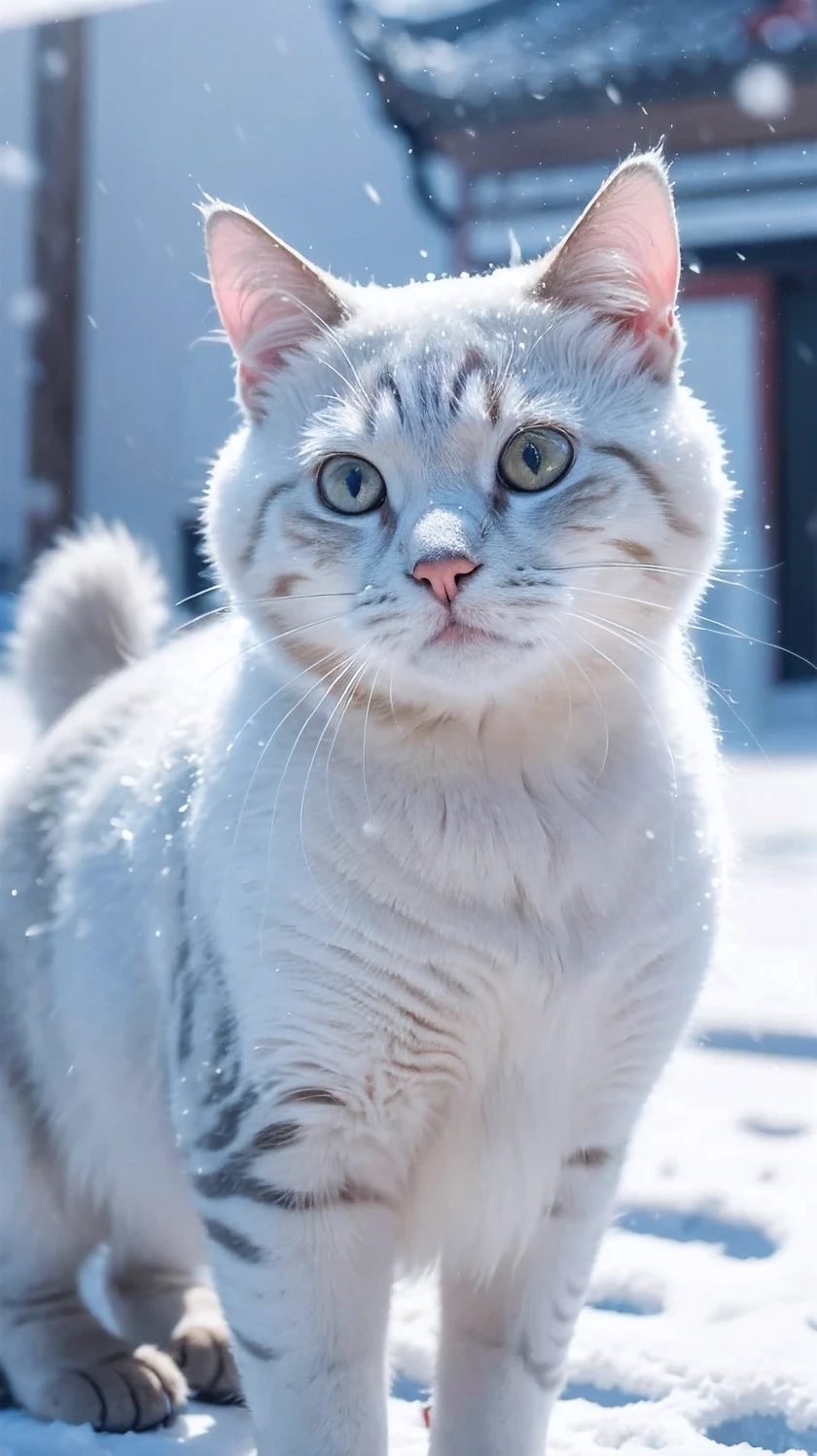 1 cat,walk,snow,(snowing:1.2),Chinese traditional architecture,bokeh background,Sunlight,winter,focus,outdoor,(close up:1.3),Portrait,cold weather,move,animal portrait,Vibrant colors,clear,shallow view deep,falling snowflakes,daytime,fluffy,Sky,blue Sky and white clouds,