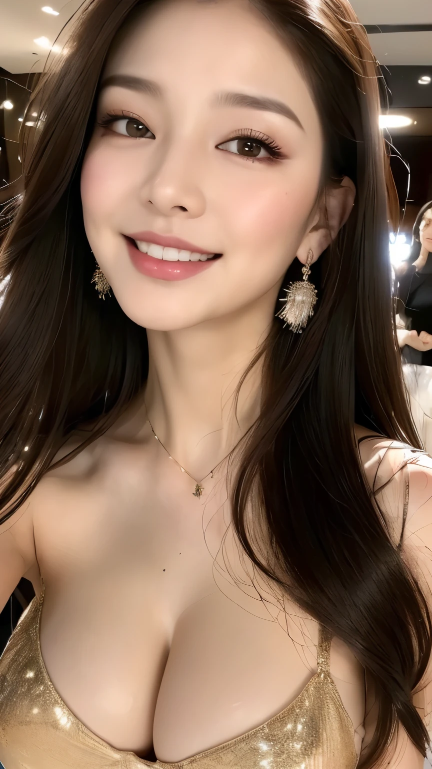 ((best quality, 8k, masterpiece :1.3)), 1 girl, smiling, whole body, face slimming, pretty Woman, (Dark brown hair), full length dress :1.1, Super detailed faces, delicate eyes, double eyelids, blurred background, face slimming, City, external, street,