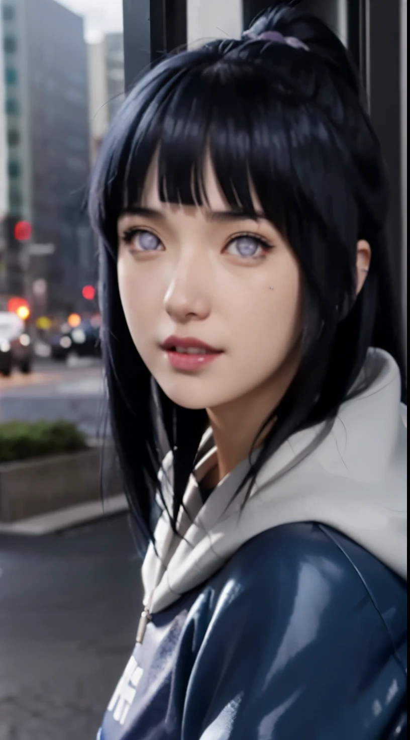 a close up of a person with long hair and a hoodie, hinata hyuga, hinata hyuga from naruto, from naruto, as an anime character, perfect anime face, she has dark blue hair with bangs, female anime character, anime character, anime best girl, hime cut hairstyle, dark blue hair, (red glossy lips:1.3), light purple eyes, smile, (beautiful face:1.3)