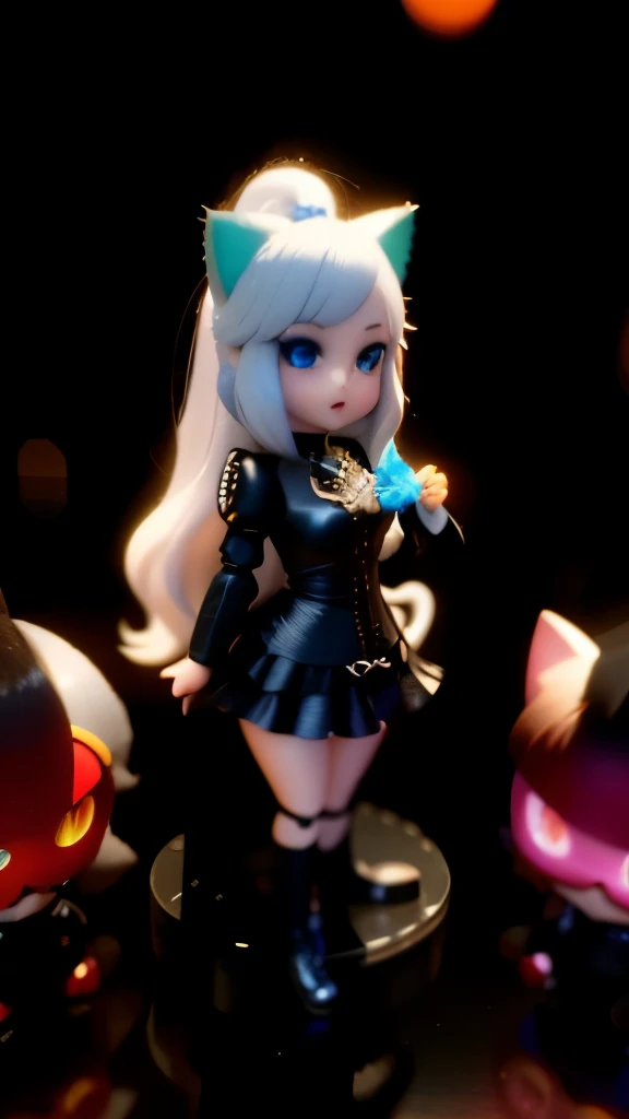 Waist showing shirt, cat eyes, Close-up of cat ear doll and dress, style as Nerdrooid, Nerdrooid 3 d, Bokeh Art Germ 8K, anime style 3d, Nendroids, anime puppet, Rendering of a cute 3D anime girl., Nerdrooid,Nerdrooid,8k,sharp,clay figure,Pop match event,Glossy surface reflects light