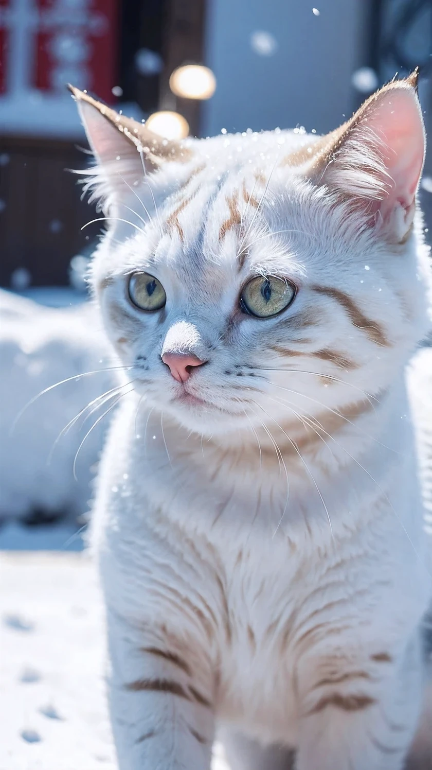 1 cat,walk,snow,(snowing:1.2),Chinese traditional architecture,bokeh background,Sunlight,winter,focus,outdoor,(close up:1.3),Portrait,cold weather,move,animal portrait,Vibrant colors,clear,shallow view deep,falling snowflakes,daytime,fluffy,Sky,blue Sky and white clouds,