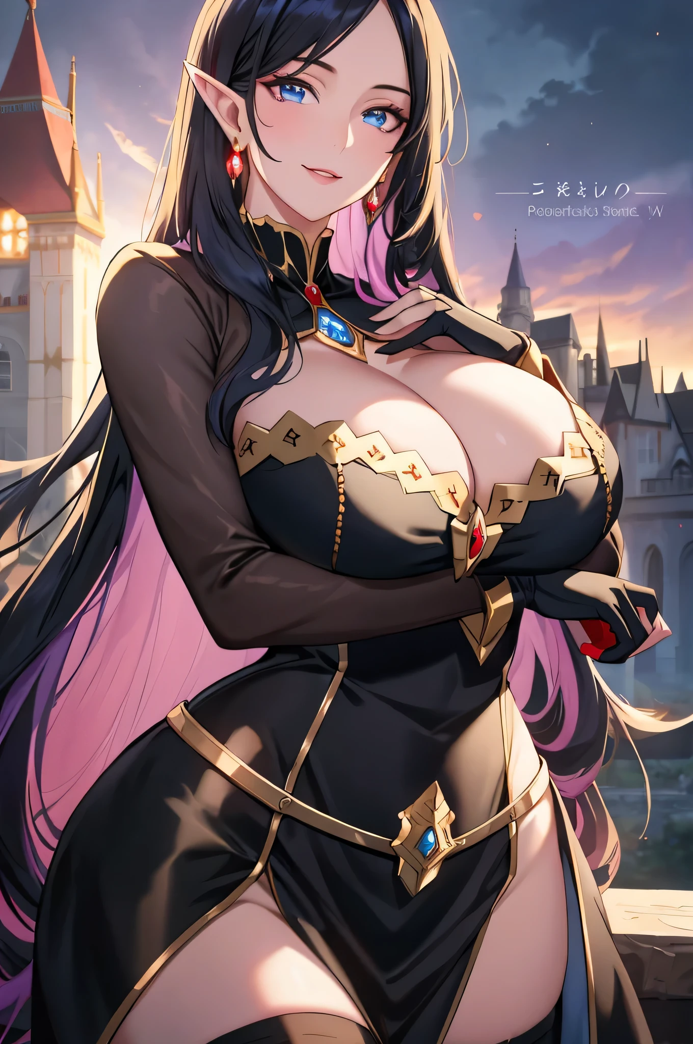 Lian, long black hair, long elf ears, hair stick, black clothes, bangs, blue eyes, solo, smiling, standing, upper body, hips, bare shoulders,purple thighhighs,red dress, gold jewelry,armor,gloves,circlet, cleavage, red and gold royal castle, gigantic breasts, (best quality, masterpiece, beautiful and aesthetic:1.2, highest detailed face, perfect face,) eyes, perfect face,expressive eyes,
looking at viewer, in the center of the image,(Upper_body),(Focus on her face),
official art,extremely detailed CG unity 8k wallpaper, perfect lighting,Colorful, Bright_Front_face_Lighting,shiny skin,
(masterpiece:1.0),(best_quality:1.0), ultra high res,4K,ultra-detailed