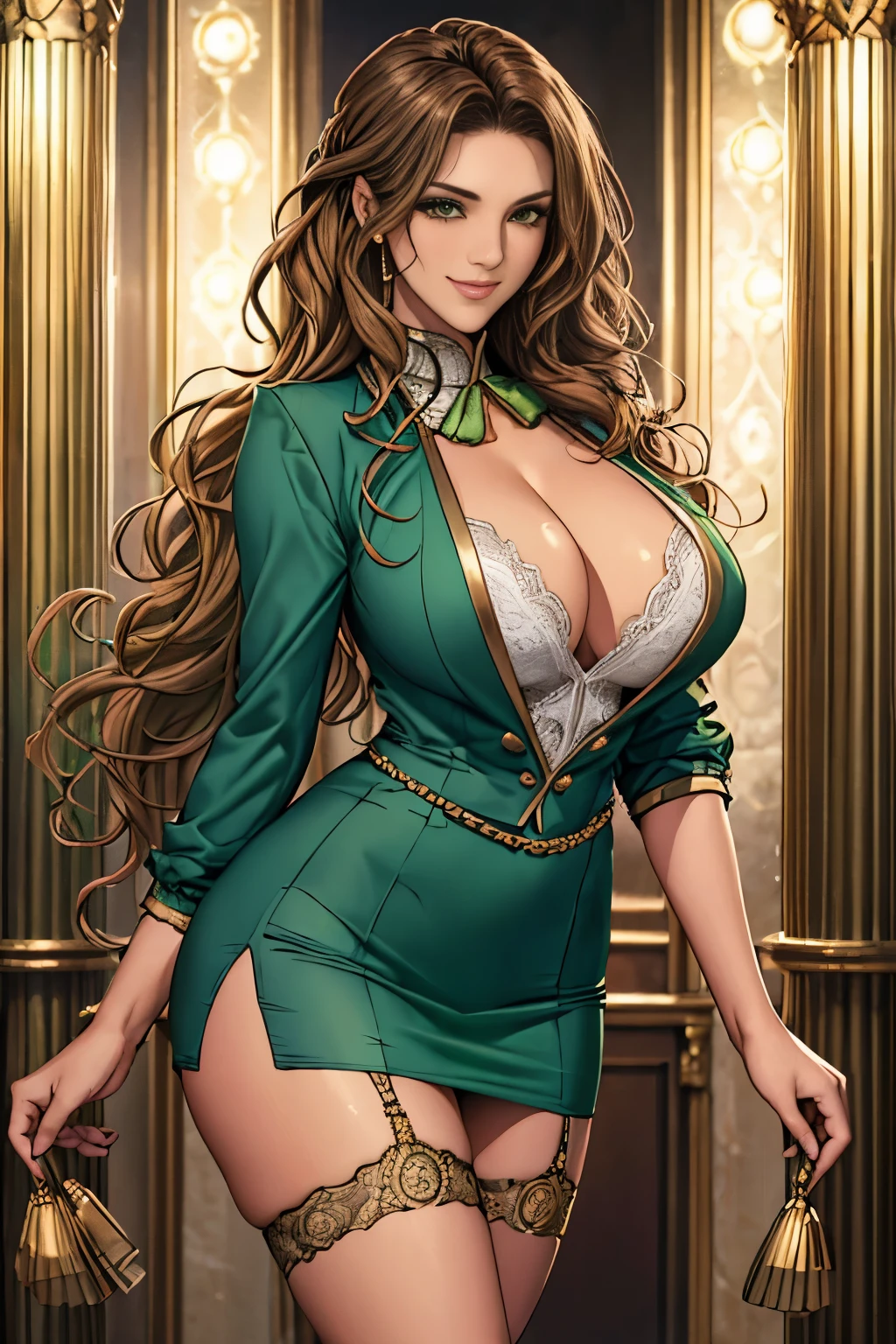 woman((30 years old)), hair((wavy, golden brown)), eye((smart eye, green)), Clothes((new york fashion week, light green)), smile, Proudly, random hairstyles, accessories,Costume with large open chest,super mini skirt,lace costume