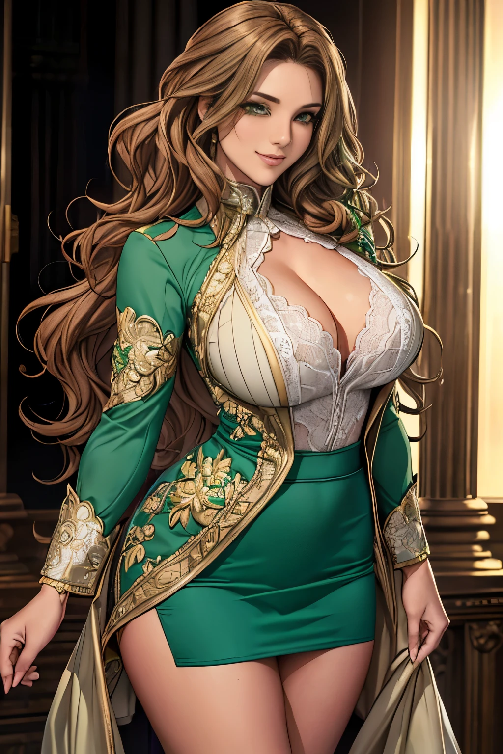 woman((30 years old)), hair((wavy, golden brown)), eye((smart eye, green)), Clothes((new york fashion week, light green)),  smile, Proudly, random hairstyles, accessories,Costume with large open chest,super mini skirt,lace costume