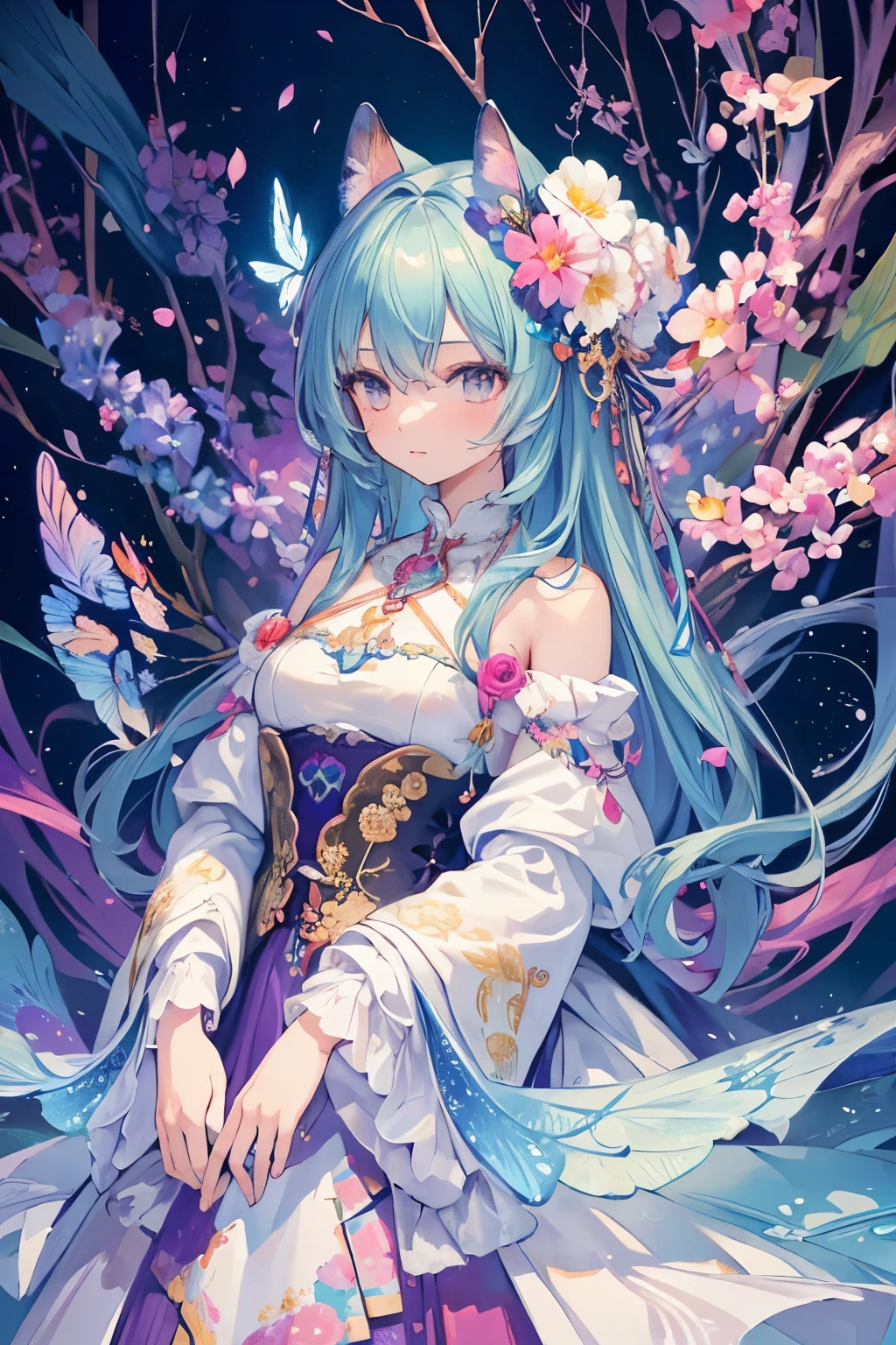 a beautiful girl with long light pink hair, bright blue-green cat eyes, extremely detailed eyes and face, longeyelashes, delicate facial features, glowing skin, serene expression, ethereal beauty, magical atmosphere, (best quality,4k,8k,highres,masterpiece:1.2)
