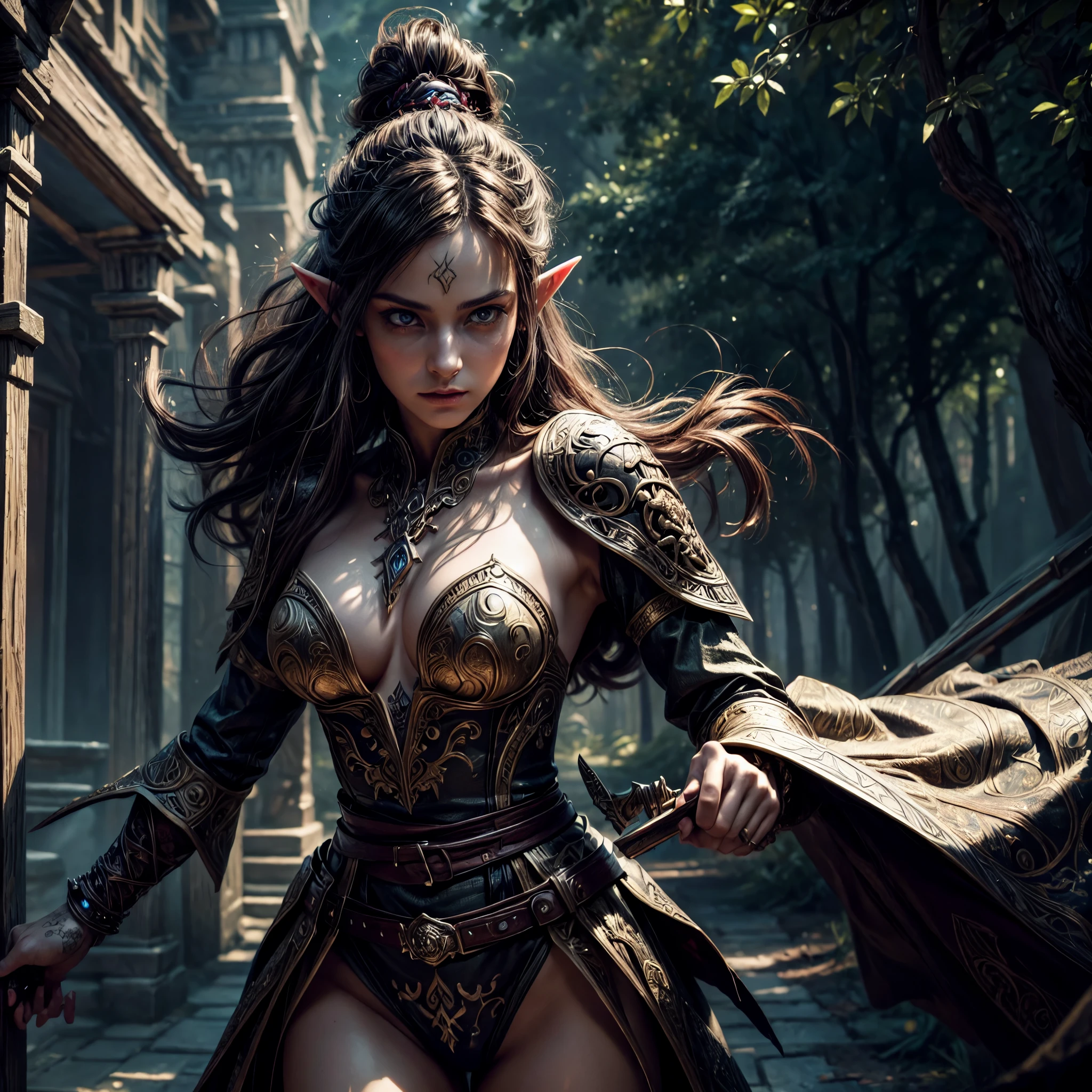 a picture of a female elf (intense details, Masterpiece, best quality: 1.5) fantasy swashbuckler, fantasy fencer, armed with a slim sword, shinning sword, metallic shine, colorful clothes, dynamic clothing, an ultra wide shot, full body (intense details, Masterpiece, best quality: 1.5)epic beautiful female elf (intense details, Masterpiece, best quality: 1.5), rich hair, braided hair, small pointed ears, GlowingRunes_pink [colorful magical sigils in the air],[ colorful arcane markings floating] (intricate details, Masterpiece, best quality: 1.6), holding a [sword] (intricate details, Masterpiece, best quality: 1.6) holding a [sword glowing in red light]fantasy urban street (intense details, Masterpiece, best quality: 1.5),  purple cloak, long cloak (intense details, Masterpiece, best quality: 1.5), sense of daring, sense of adventure,  high details, best quality, 8k, [ultra detailed], masterpiece, best quality, (extremely detailed), dynamic angle, ultra wide shot, photorealistic, RAW, fantasy art, dnd art,fantasy art, realistic art,