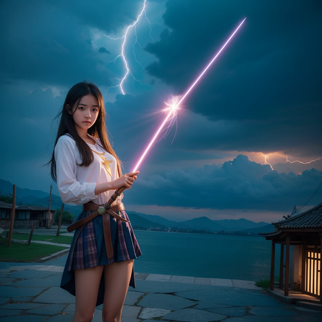 magical teen girl, use a old epic long wooden wand, lightning magic to shoot, fensing style match, magical stone town background, film shot, shoot toviewer