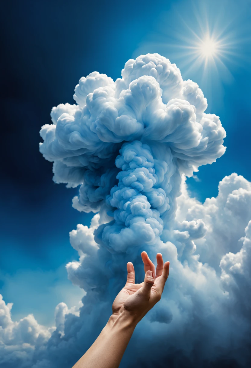 (best quality, highres),(realistic:1.37),fondo azul,una mano agarrando una nube,mano suave y detallada, nube esponjosa y blanca, contraste de colores vibrantes, soft lighting, ethereal atmosphere, estilo surrealista, efecto de luz natural, Oil painting, Sharp focus.