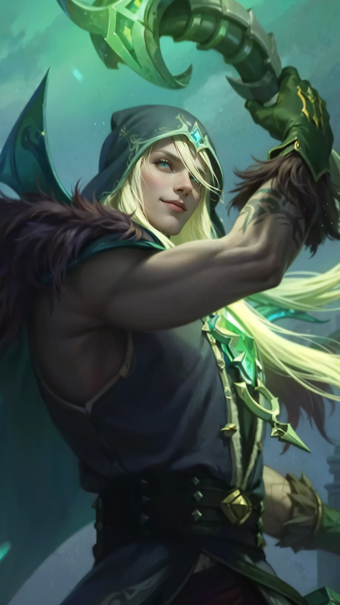 Best quality, masterpiece, detailed skin texture, detailed clothes texture, detailed face, super detail, 8k, intricate detail, 1 boy, The color doesn't change, Muscle guy, 1 guy, smile, a close up of a person holding a sword in a field, artgerm detailed, heise jinyao, extremely detailed artgerm, alucard, astri lohne, stanely artgerm, karthus from league of legends, zhongli from genshin impact, sakimichan frank franzzeta, casimir art, arvalis