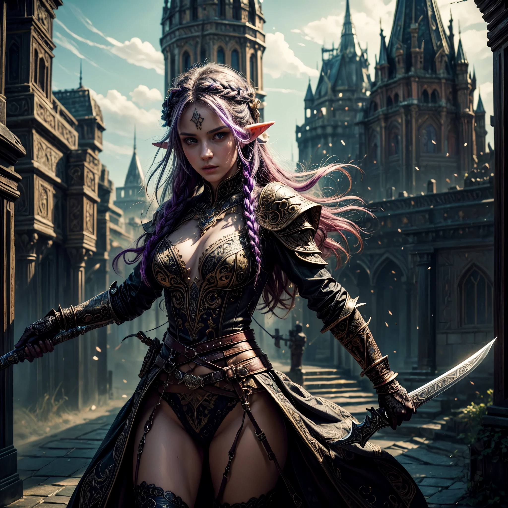 a picture of a female elf (intense details, Masterpiece, best quality: 1.5) fantasy swashbuckler, fantasy fencer, armed with a slim sword, shinning sword, metallic shine, colorful clothes, dynamic clothing, an ultra wide shot, full body (intense details, Masterpiece, best quality: 1.5)epic beautiful female elf (intense details, Masterpiece, best quality: 1.5), rich hair, braided hair, small pointed ears, GlowingRunes_pink [colorful magical sigils in the air],[ colorful arcane markings floating] (intricate details, Masterpiece, best quality: 1.6), holding a [sword] (intricate details, Masterpiece, best quality: 1.6) holding a [sword glowing in red light]fantasy urban street (intense details, Masterpiece, best quality: 1.5),  purple cloak, long cloak (intense details, Masterpiece, best quality: 1.5), sense of daring, sense of adventure,  high details, best quality, 8k, [ultra detailed], masterpiece, best quality, (extremely detailed), dynamic angle, ultra wide shot, photorealistic, RAW, fantasy art, dnd art,fantasy art, realistic art,