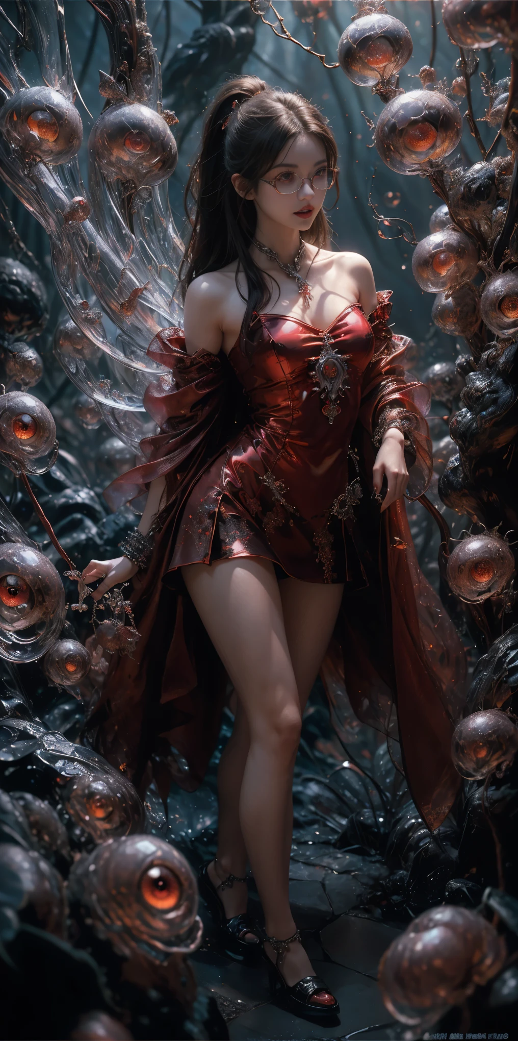 (The best illustrations)、realisitic、ultra-detailliert、The best lighting、Best Shadows、alluring succubus, ethereal beauty, perched on a cloud, (fantasy illustration:1.3), enchanting gaze, captivating pose, delicate wings, otherworldly charm, mystical sky, (Luis Royo:1.2), (Yoshitaka Amano:1.1), Dungeon and Dragon、caves、Dungeon、 A Necromancer、natta、Dark style、Succubus、Devil's Daughter、Bat Wings,(((Demon Hornlack-rimmed round glasses))))、(red eyes glowing:1.6)、beautiful countenance、Tindall Effect、(High Detail Skins:1.2) absurderes、Ponytail distortion、jewely、Beautiful expression、Toned waist、Wide buttocks、Tindall Effectmasuter piece、top-quality、Highest Standards、Top image quality、masutepiece、intricate detailes、High resolution、Depth Field、natural soft light、profetional lighting、Great smile、(High Detail Skin: 1.2)、photorealistic anime girl render、Strong highlights of the eyes、Perfect Anatomy、crotch open、Shy、Spreading your legs、Panties are visible、Skirt flipping、Body shiny with oilerectile nipple))、8K resolution、intricate clothing、Intricate details