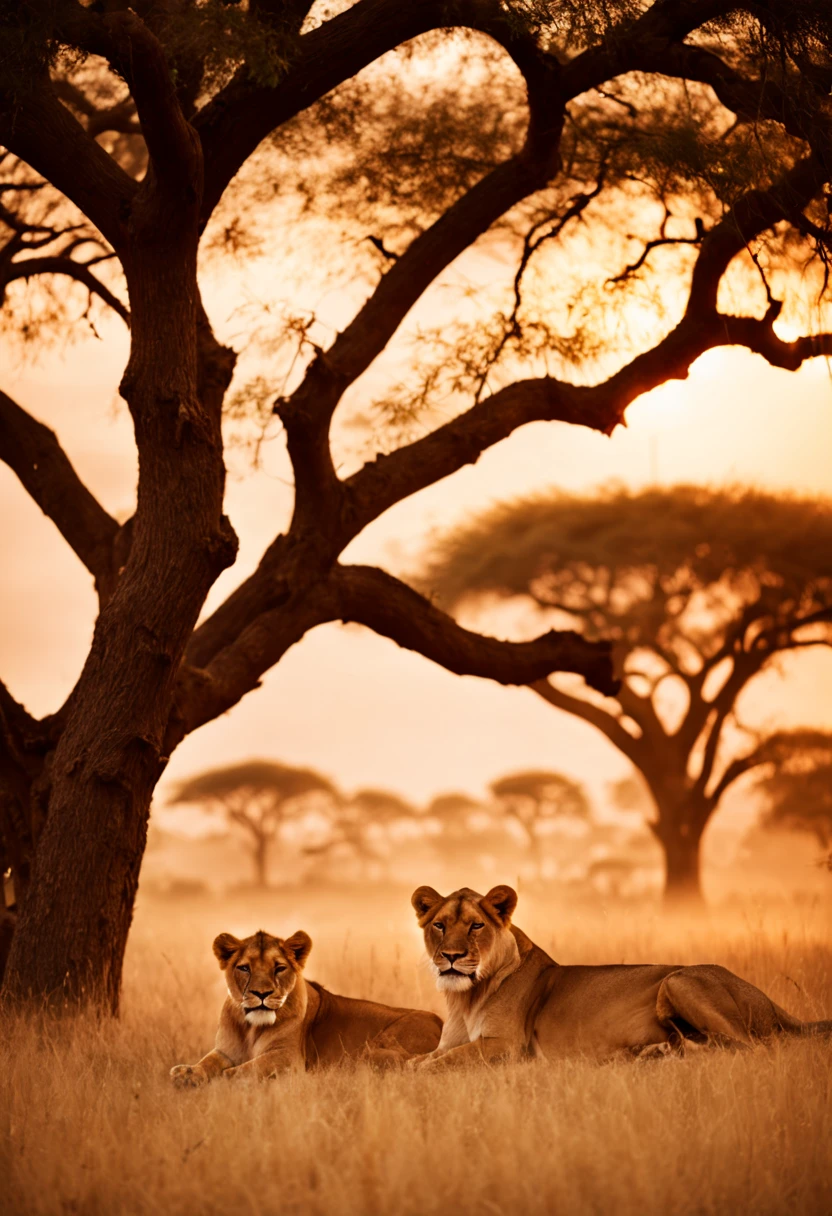 cinematic film still {A film shot featuring a serene moment in a realistic, sprawling African savannah at dawn, a pride of lions resting under an acacia tree, warm sunrise colors bathing the scene, shot with a Nikon D3, Focal length 70mm} . shallow depth of field, vignette, highly detailed, high budget, bokeh, cinemascope, moody, epic, gorgeous, film grain, grainy