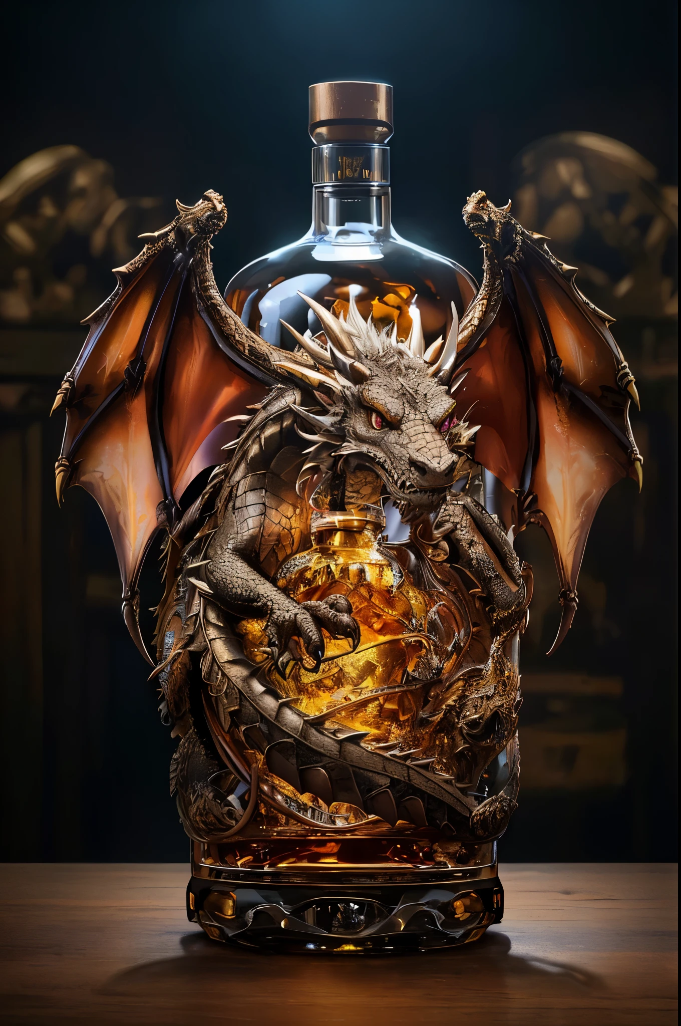arafed bottle of alcohol with a dragon on the front, 4 k detail fantasy, hyper realistic ”, hyper realistic”, very fancy whiskey bottle, detailed digital 3d art, 8 k high detail and intricate, a hyper realistic, closeup portrait shot, portrait shot, rendered in keyshot, photo taken of an epic intricate, smaug, “hyper realistic, dragon art