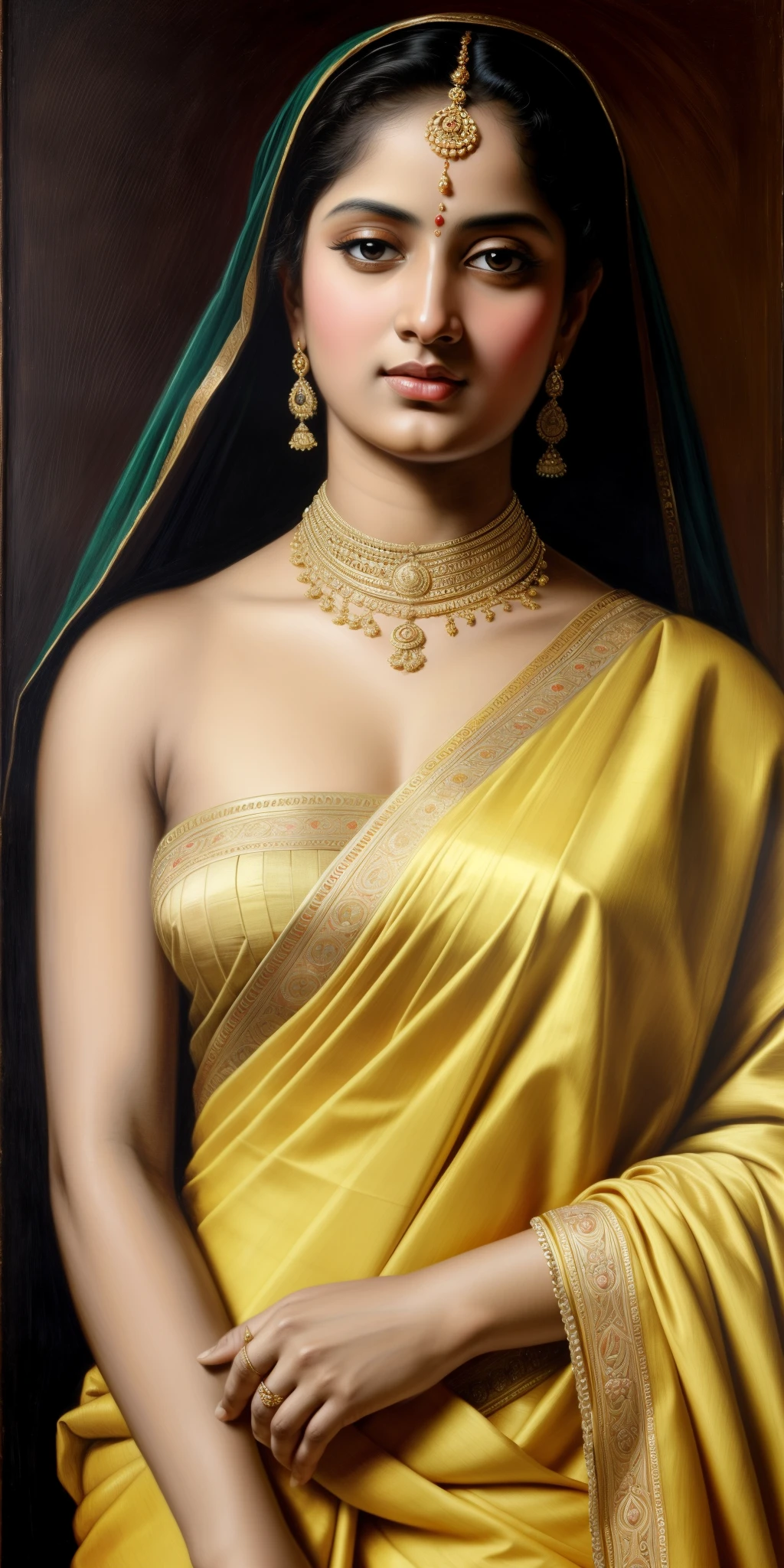 Beautiful Indian Woman, wearing saree, sari Beauty, gorgeous, Apsara, Maharani, royal queen woman, nymph from Hindu Mythology, Urvashi, matchless beauty, Highly detailed, Oil Painting by Peter Paul Rubens inspired by Raja Ravi Varma, Matchless beauty, captivating, gorgeous, heavenly beauty, celestial beauty, by Peter Paul Rubens, 1893, realistic, hyper realistic, micro details, incredible artwork, insane details, ultra High resolution, 8k, 32k, acrylic on canvas, intricate, flawless, detailed, detailed face, detailed eyes, masterpiece, by Peter Paul Rubens, by Caravaggio, by William Adolphe bouguereau, perfect face, perfect body, beautiful art, realism, baroque, renaissance Art, highly textured, beautiful and detailed eyes, uhd, best quality,