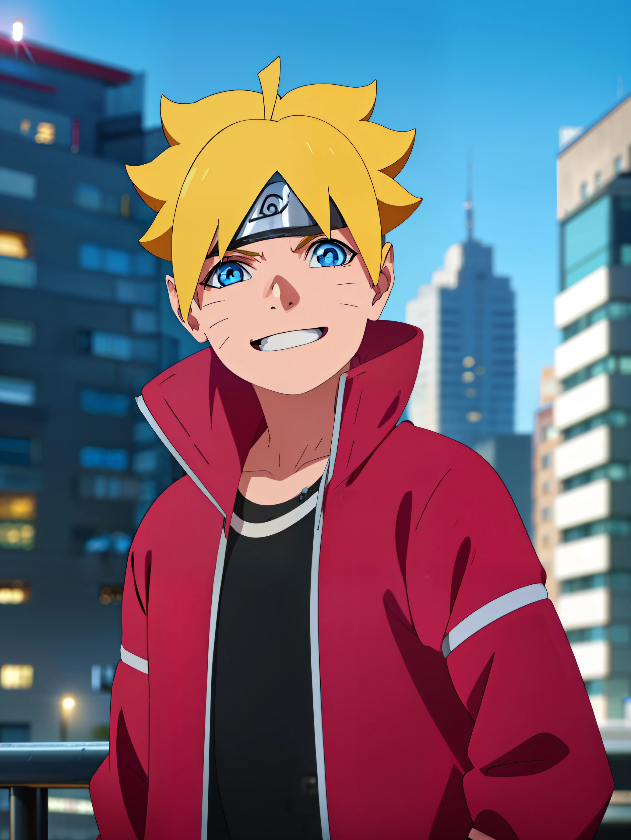 masterpiece, ultra-detailed, 1boy, male focus, Body shot, Uzumaki Boruto wearing maroon Streetwear Hoodie, yellow hair, Blue eyes, look at viewer, happy face, vibrant colors, cityscape background, dinamic lighting, highly detailed face, stylish, urban style, cool attitude, bokeh, blurry background,