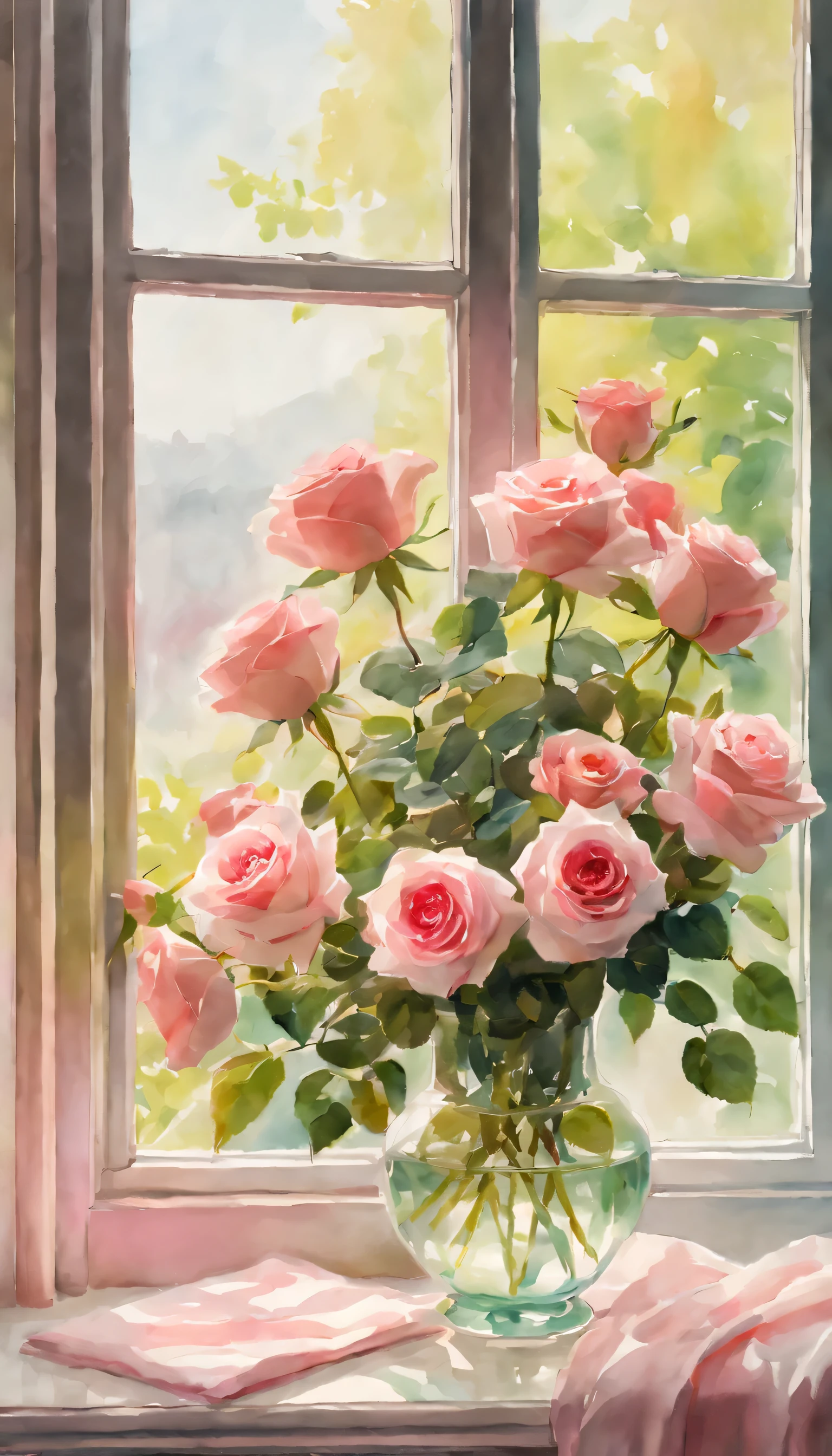watercolor art,Living room window sill scene,Beautiful roses in a vase,Soft and delicate brush strokes,Delicate color combination,Light and airy atmosphere,Romantic and ethereal,Impressionist lighting,bright and rich colors,pink and red shades,Lush green leaves and stems,Reflection on a glass vase,Soft shadows and highlights,Retro decorative elements,Cozy and comfortable atmosphere。