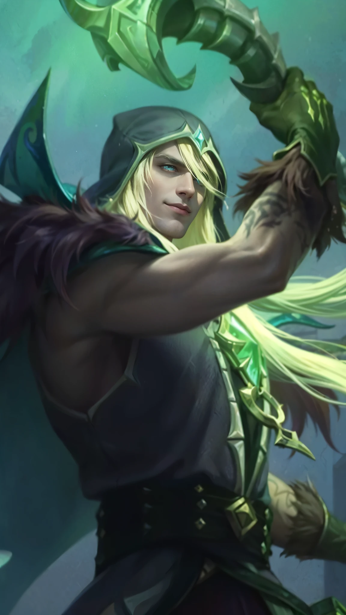 Best quality, masterpiece, detailed skin texture, detailed clothes texture, detailed face, super detail, 8k, intricate detail, 1 boy, The color doesn't change, Muscle guy, 1 guy, smile, league of legends character, karthus from league of legends, extremely detailed artgerm, league of legends character art, splash art, male blonde elf ranger, arthas menethil, artgerm detailed, arthas, league of legends champion, style of kieran yanner.