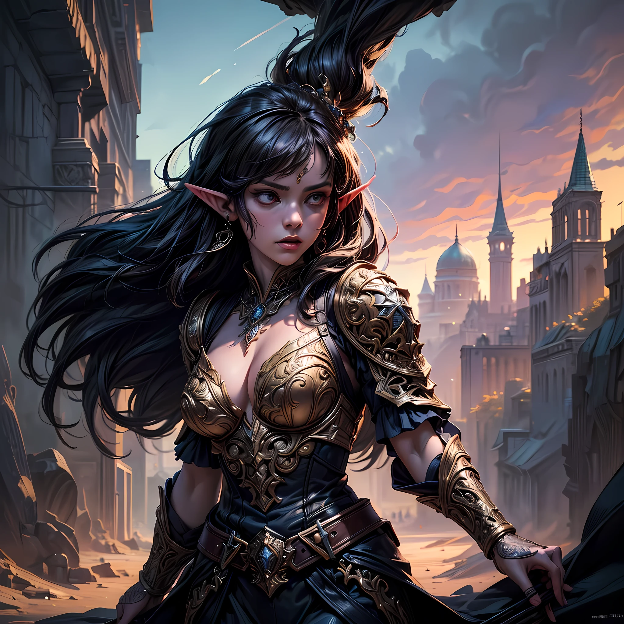 a picture of a female elf (intense details, Masterpiece, best quality: 1.5) fantasy swashbuckler, fantasy fencer, armed with a slim sword, shinning sword, metallic shine, colorful clothes, dynamic clothing, an ultra wide shot, full body (intense details, Masterpiece, best quality: 1.5)epic beautiful female elf (intense details, Masterpiece, best quality: 1.5), rich hair, braided hair, small pointed ears, GlowingRunes_pink [colorful magical sigils in the air],[ colorful arcane markings floating] (intricate details, Masterpiece, best quality: 1.6), holding a [sword] (intricate details, Masterpiece, best quality: 1.6) holding a [sword glowing in red light]fantasy urban street (intense details, Masterpiece, best quality: 1.5),  purple cloak, long cloak (intense details, Masterpiece, best quality: 1.5), sense of daring, sense of adventure,  high details, best quality, 8k, [ultra detailed], masterpiece, best quality, (extremely detailed), dynamic angle, ultra wide shot, photorealistic, RAW, fantasy art, dnd art,fantasy art, realistic art,