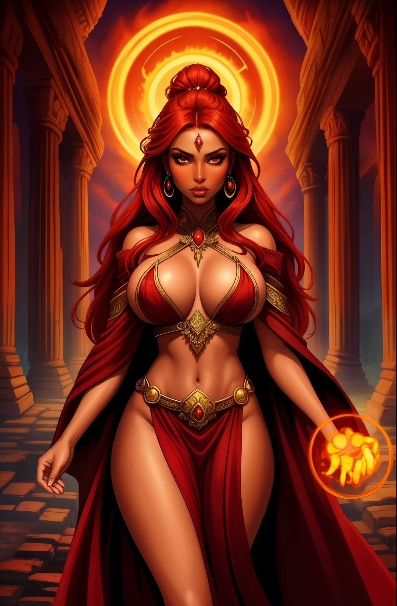 (a woman with fiery red hair and dark skin,fierce gaze,flowing robe:1.1,[portrait,sorceresysterious atmosphere,enchanted garden,glowing magical orbs,ancient ruins,fantastical creatures,spellbinding powers,ethereal beauty,[vivid colors,magical lighting],powerful presence,spellcasting)