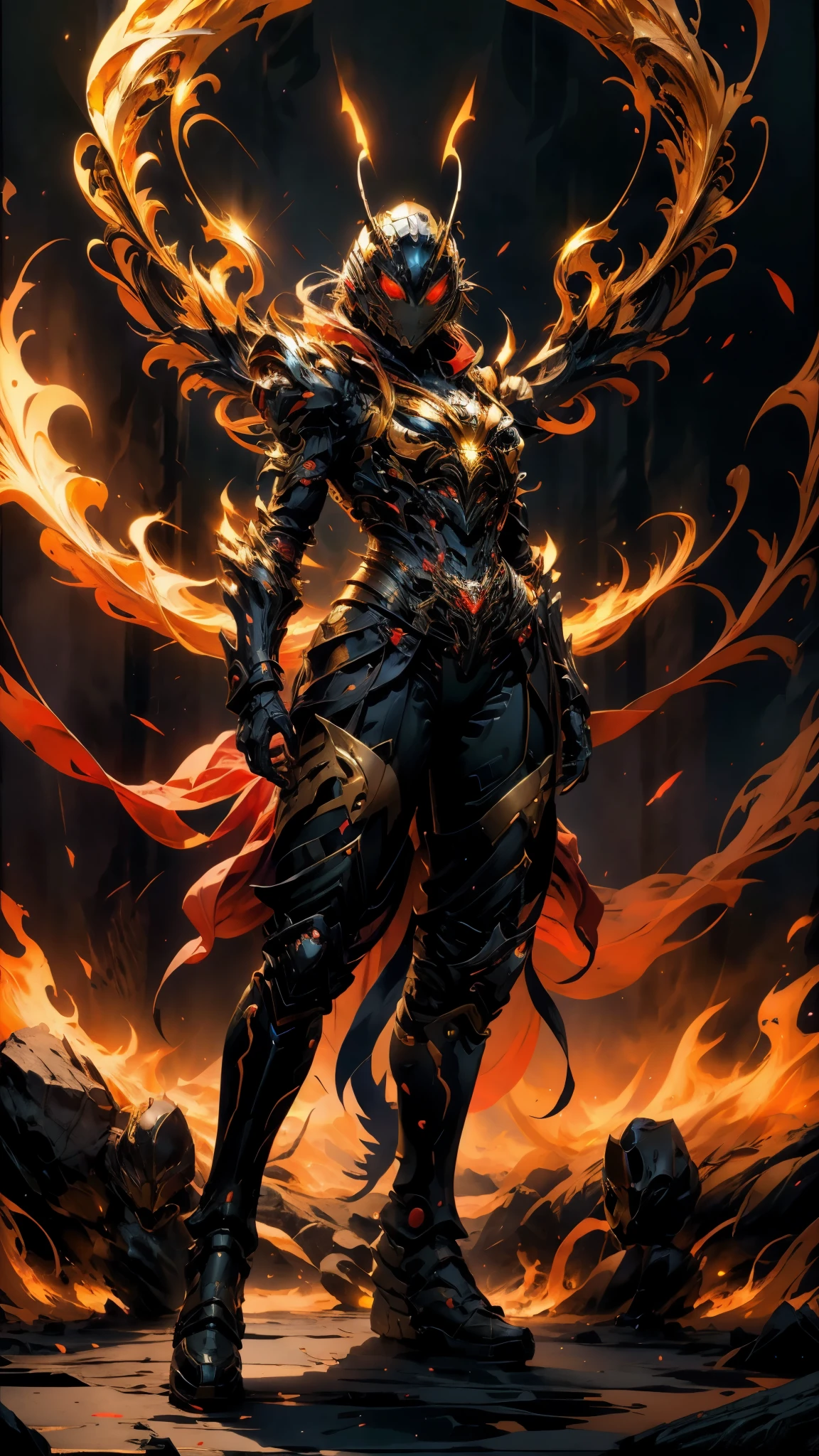 A woman adorned in fantasy-style full-body armor, a crown-concept fully enclosed helmet that unveils only her eyes, a composite layered chest plate, fully encompassing shoulder and hand guards, a lightweight waist armor, form-fitting shin guards, the overall design is heavy-duty yet flexible, ((the armor gleams with a golden glow, complemented by red and blue accents)), exhibiting a noble aura, she floats above a fantasy-surreal high-tech city, this character embodies a finely crafted fantasy-surreal style armored hero in anime style, exquisite and mature manga art style, (mixture of Queen bee and Spider concept Armor, plasma, blood), ((Element, energy, elegant, goddess, femminine:1.5)), metallic, high definition, best quality, highres, ultra-detailed, ultra-fine painting, extremely delicate, professional, anatomically correct, symmetrical face, extremely detailed eyes and face, high quality eyes, creativity, RAW photo, UHD, 32k, Natural light, cinematic lighting, masterpiece-anatomy-perfect, masterpiece:1.5