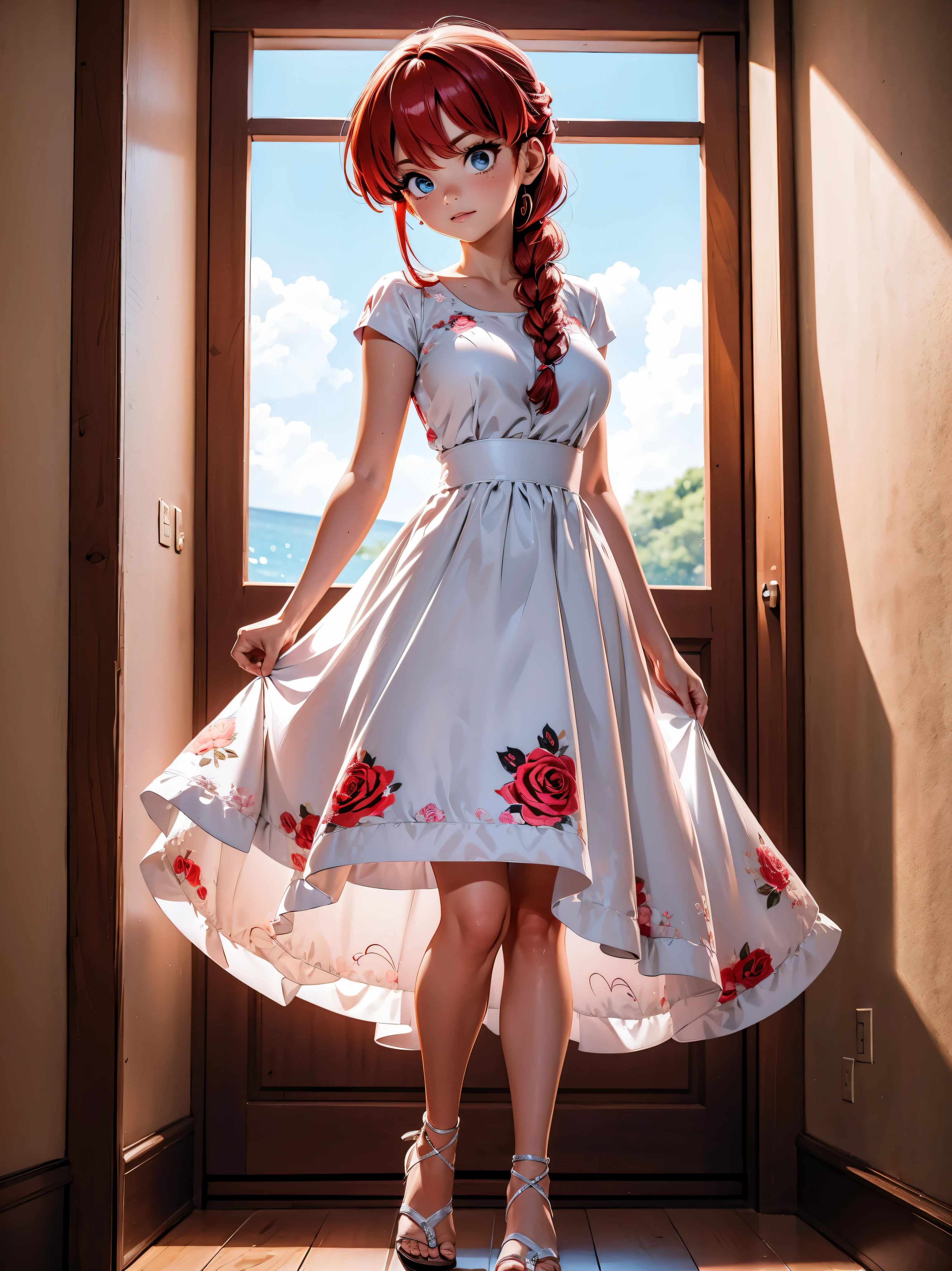 Garota anime ruiva com vestido longo branco com desenho de rosas casamento, saia, *******, corpo bonito, seios grandes, with hands behind head, running your hands through your hair, Garota sexy, red hair with braid , beautiful lighting, sombras suaves, olhos azuis, pernas bonitas, hair with braid, estilo anime, Ranma Chan, Autora Rumiko Takahashi, Baseado em obra de Rumiko Takahashi, Anime Ranma 1/ 2, decote sexy, quadril robusto, corpo inteiro, corpo inteiro, busto grande, garota jovem com corpo belo e bonito, sandals on his feet, garota ******* jovem baixa estatura, usando vestido longo branco com desenhos de rosas, estampa florida, vestido com arte florida de rosas, garota anime, estilo anime, beautiful feet in sandals, 45° viewing angle, ao ar livre, vestido com estampa florida rosas, vestido estampado flor rosa