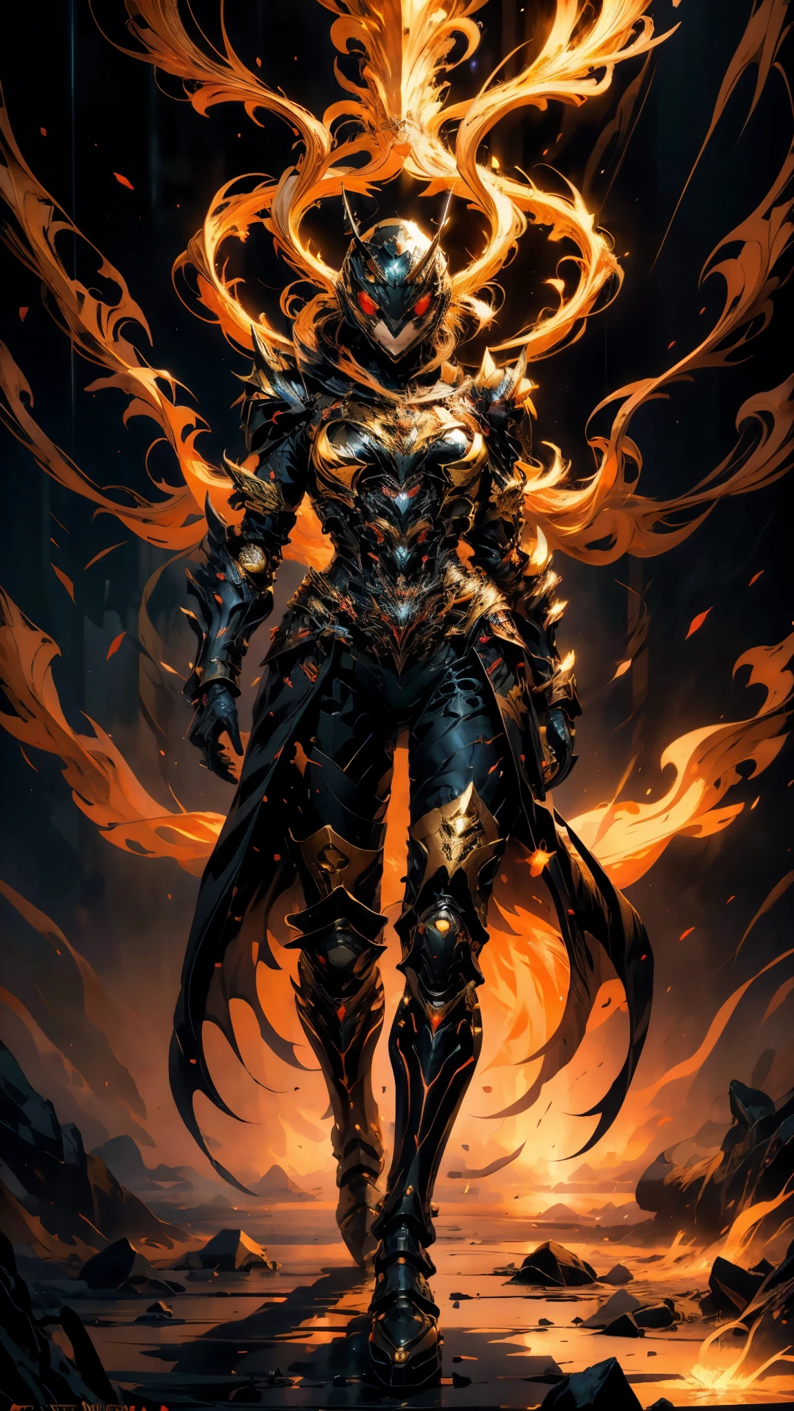 A woman adorned in fantasy-style full-body armor, a crown-concept fully enclosed helmet that unveils only her eyes, a composite layered chest plate, fully encompassing shoulder and hand guards, a lightweight waist armor, form-fitting shin guards, the overall design is heavy-duty yet flexible, ((the armor gleams with a golden glow, complemented by red and blue accents)), exhibiting a noble aura, she floats above a fantasy-surreal high-tech city, this character embodies a finely crafted fantasy-surreal style armored hero in anime style, exquisite and mature manga art style, (mixture of Queen bee and Spider concept Armor, plasma, blood), ((Element, energy, elegant, goddess, femminine:1.5)), metallic, high definition, best quality, highres, ultra-detailed, ultra-fine painting, extremely delicate, professional, anatomically correct, symmetrical face, extremely detailed eyes and face, high quality eyes, creativity, RAW photo, UHD, 32k, Natural light, cinematic lighting, masterpiece-anatomy-perfect, masterpiece:1.5