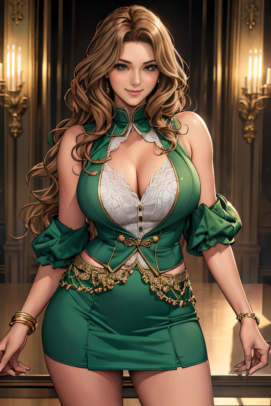 woman((30 years old)), hair((wavy, golden brown)), eye((smart eye, green)), Clothes((new york fashion week, light 青)), smile, Proudly, random hairstyles, accessories,Costume with large open chest,super mini skirt,lace costume,revealing costumes