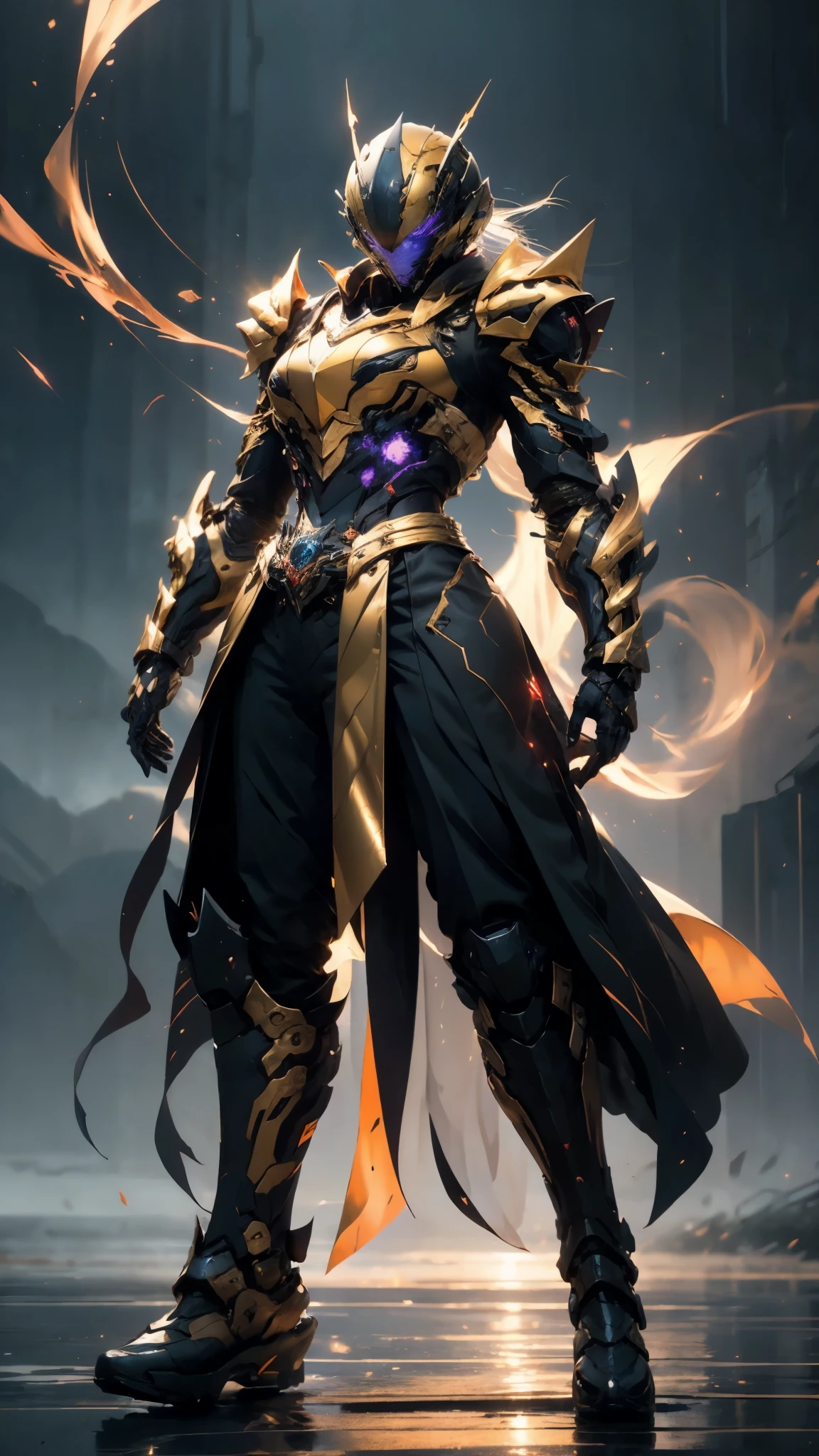 A woman adorned in fantasy-style full-body armor, a crown-concept fully enclosed helmet that unveils only her eyes, a composite layered chest plate, fully encompassing shoulder and hand guards, a lightweight waist armor, form-fitting shin guards, the overall design is heavy-duty yet flexible, ((the armor gleams with a golden glow, complemented by red and blue accents)), exhibiting a noble aura, she floats above a fantasy-surreal high-tech city, this character embodies a finely crafted fantasy-surreal style armored hero in anime style, exquisite and mature manga art style, (mixture of Queen bee and Spider concept Armor, plasma, blood), ((Element, energy, elegant, goddess, femminine:1.5)), metallic, high definition, best quality, highres, ultra-detailed, ultra-fine painting, extremely delicate, professional, anatomically correct, symmetrical face, extremely detailed eyes and face, high quality eyes, creativity, RAW photo, UHD, 32k, Natural light, cinematic lighting, masterpiece-anatomy-perfect, masterpiece:1.5