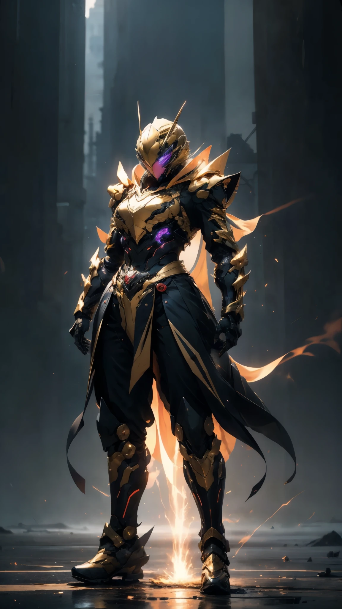 A woman adorned in fantasy-style full-body armor, a crown-concept fully enclosed helmet that unveils only her eyes, a composite layered chest plate, fully encompassing shoulder and hand guards, a lightweight waist armor, form-fitting shin guards, the overall design is heavy-duty yet flexible, ((the armor gleams with a golden glow, complemented by red and blue accents)), exhibiting a noble aura, she floats above a fantasy-surreal high-tech city, this character embodies a finely crafted fantasy-surreal style armored hero in anime style, exquisite and mature manga art style, (mixture of Queen bee and Spider concept Armor, plasma, blood), ((Element, energy, elegant, goddess, femminine:1.5)), metallic, high definition, best quality, highres, ultra-detailed, ultra-fine painting, extremely delicate, professional, anatomically correct, symmetrical face, extremely detailed eyes and face, high quality eyes, creativity, RAW photo, UHD, 32k, Natural light, cinematic lighting, masterpiece-anatomy-perfect, masterpiece:1.5