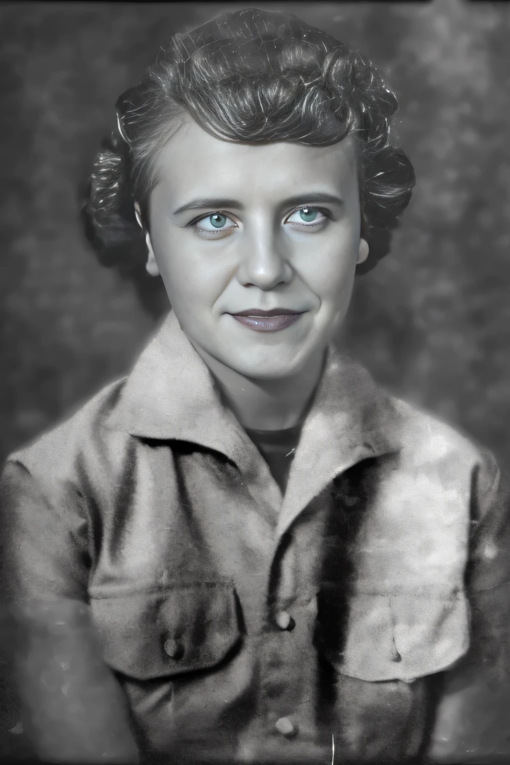 A black and white photograph of a woman in a military uniform.., retrato de estudio en color, a foto coloreada, in his 20s, foto coloreadan, Classic portrait, foto coloreada, fondo coloreado, foto de retrato de la segunda guerra mundial, 1 9 4 8 una foto, inspirado en Gladys Kathleen Bell, retrato cercano, foto de 1940, retrato historico