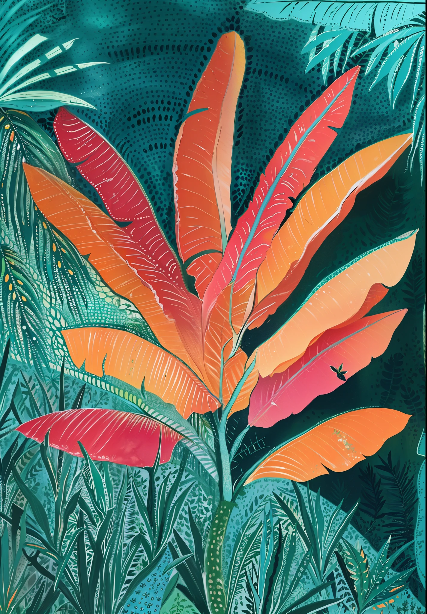 um close de uma pintura de uma planta com folhas de laranja, selva colorida, inspirado em Gustave Baumann, colorful plantas tropicais, clima tropical, folhagem vibrante, folhas tropicais, plantas tropicais, folhagem tropical, vibrant vegetation, selva tropical, tropical vibe, Apenas Bartel, detailed digital illustration, exotic vegetation, folhas, colored in teal and orange, pintura misteriosa da selva