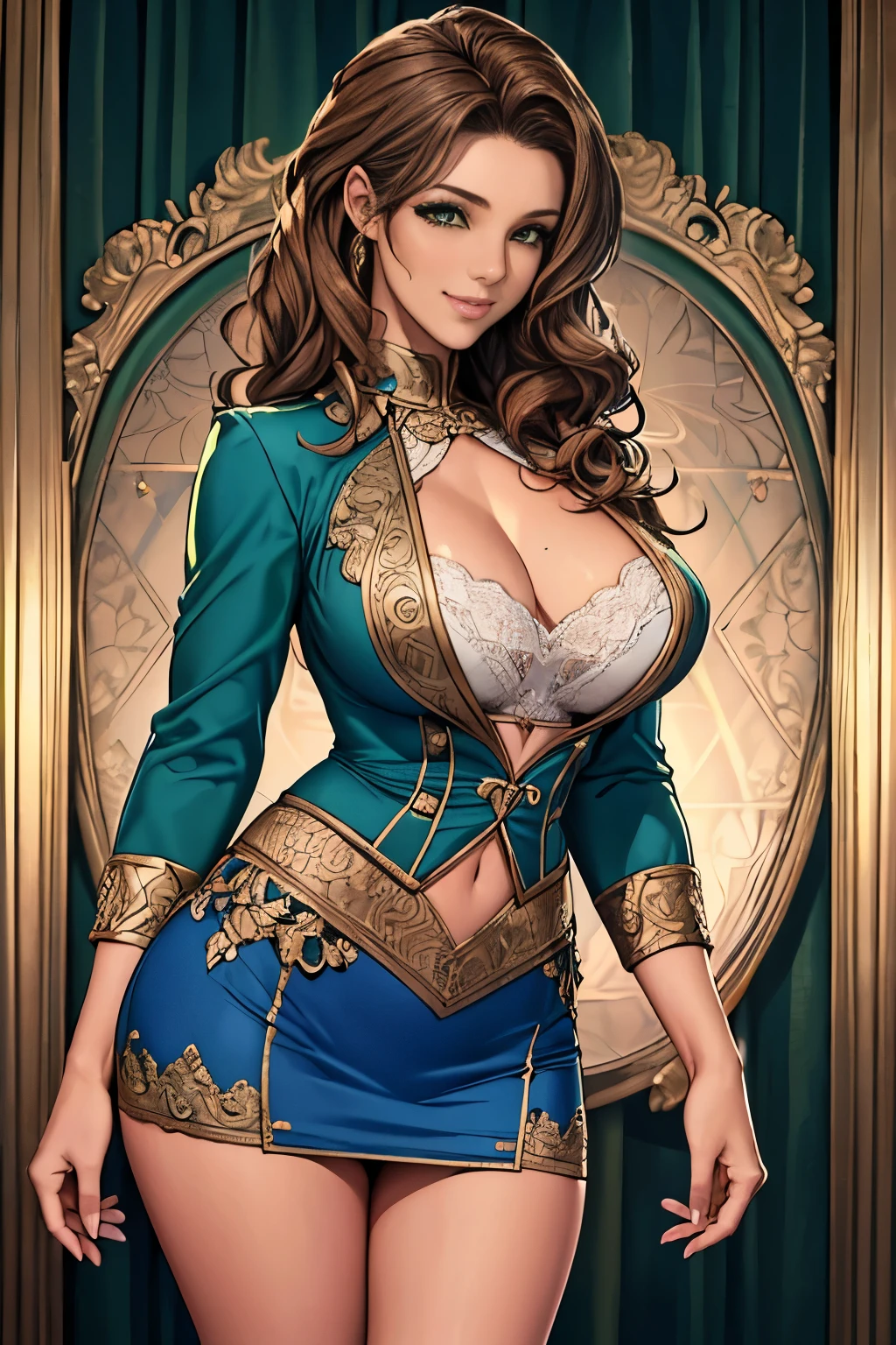 woman((30 years old)), hair((wavy, golden brown)), eye((smart eye, green)), Clothes((new york fashion week, blue)), smile, Proudly, random hairstyles, accessories,Costume with large open chest,super mini skirt,lace costume,revealing costumes