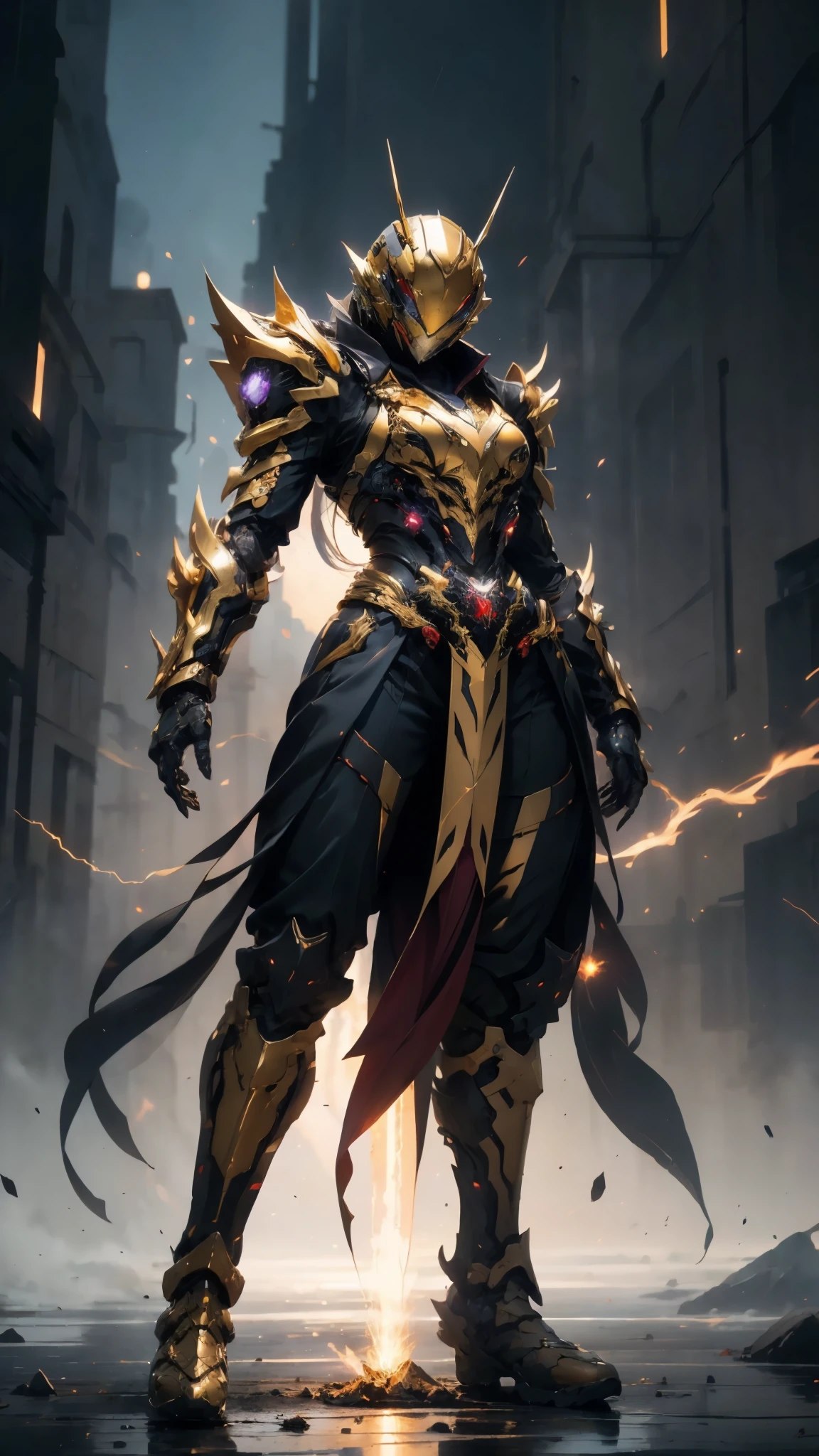 A woman adorned in fantasy-style full-body armor, a crown-concept fully enclosed helmet that unveils only her eyes, a composite layered chest plate, fully encompassing shoulder and hand guards, a lightweight waist armor, form-fitting shin guards, the overall design is heavy-duty yet flexible, ((the armor gleams with a golden glow, complemented by red and blue accents)), exhibiting a noble aura, she floats above a fantasy-surreal high-tech city, this character embodies a finely crafted fantasy-surreal style armored hero in anime style, exquisite and mature manga art style, (mixture of Queen bee and Spider concept Armor, plasma, blood), ((Element, energy, elegant, goddess, femminine:1.5)), metallic, high definition, best quality, highres, ultra-detailed, ultra-fine painting, extremely delicate, professional, anatomically correct, symmetrical face, extremely detailed eyes and face, high quality eyes, creativity, RAW photo, UHD, 32k, Natural light, cinematic lighting, masterpiece-anatomy-perfect, masterpiece:1.5