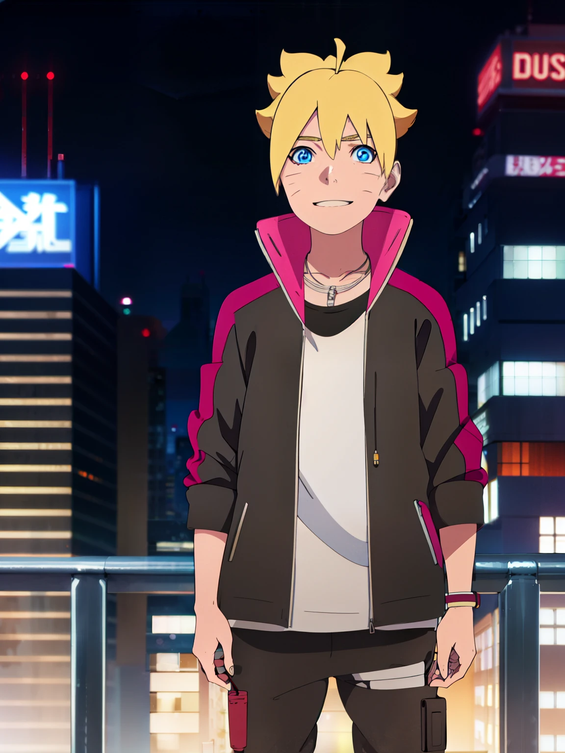 Masterpiece, ultra-detailed, Hight resulution, Boruto anime style, 1boy, male focus, Body shot, Uzumaki Boruto wearing maroon Streetwear Hoodie, yellow hair, Blue eyes, look at viewer, happy face, vibrant colors, cityscape background, dinamic lighting, highly detailed face, stylish, urban style, cool attitude, bokeh, blurry background,