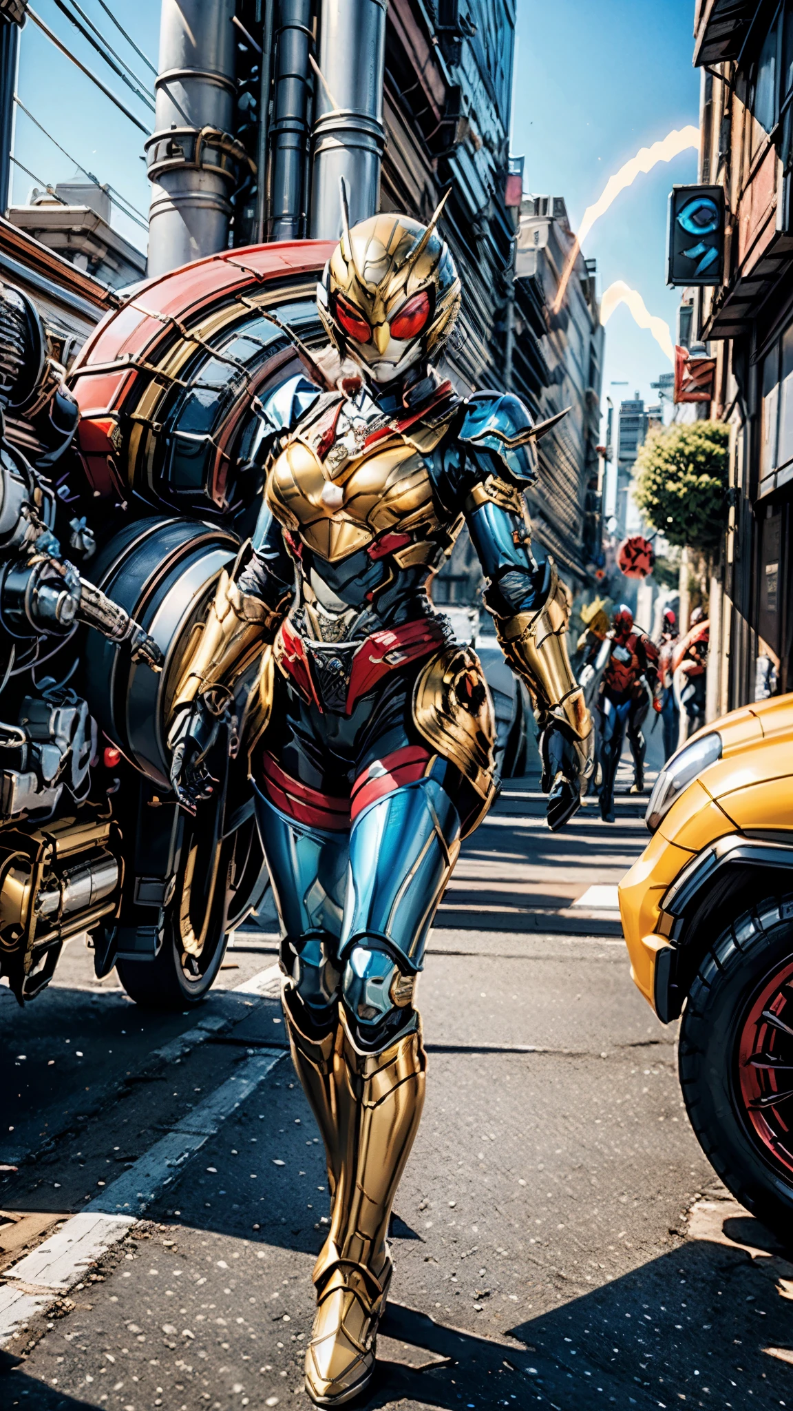A woman adorned in fantasy-style full-body armor, a crown-concept fully enclosed helmet that unveils only her eyes, a composite layered chest plate, fully encompassing shoulder and hand guards, a lightweight waist armor, form-fitting shin guards, the overall design is heavy-duty yet flexible, ((the armor gleams with a golden glow, complemented by red and blue accents)), exhibiting a noble aura, she floats above a fantasy-surreal high-tech city, this character embodies a finely crafted fantasy-surreal style armored hero in anime style, exquisite and mature manga art style, (mixture of Queen bee and Spider concept Armor, plasma, blood), ((Element, energy, elegant, goddess, femminine:1.5)), metallic, high definition, best quality, highres, ultra-detailed, ultra-fine painting, extremely delicate, professional, anatomically correct, symmetrical face, extremely detailed eyes and face, high quality eyes, creativity, RAW photo, UHD, 32k, Natural light, cinematic lighting, masterpiece-anatomy-perfect, masterpiece:1.5