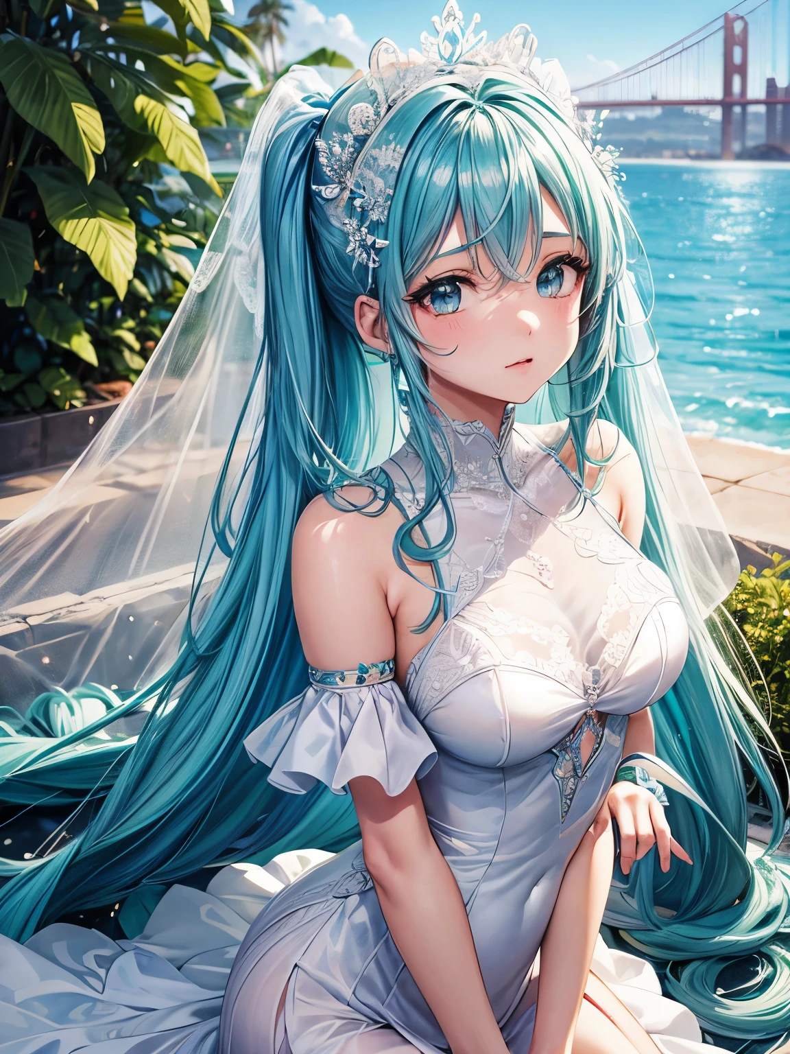 uma garota, cabelo azul claro, Cabelo estilo Hatsune Miku, olhos azuis, 20 anos de idade, Em Berlim, cidade moderna, melhor qualidade, obra de arte, Seios Grandes, vestido de noiva branco, Bridal Veil, casamento