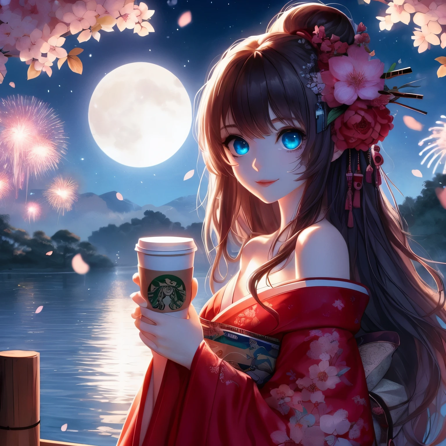 Anime girl with a cup of coffee and fireworks in the background, anime style 4k, anime art wallpaper 4k, Anime Art Wallpaper 4k, anime wallpaper 4k, anime wallpaper 4k, anime art wallpaper 8k, 4k anime wallpaper, night nucleus, 4k comic wallpaper, Beautiful anime style, Beautiful anime girl, Beautiful anime, HD anime wallpaper