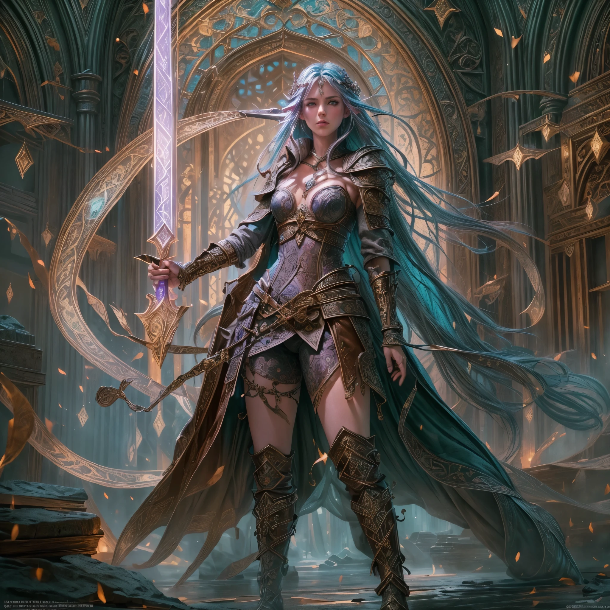 a picture of a female elf (intense details, Masterpiece, best quality: 1.5) fantasy swashbuckler, fantasy fencer, armed with a slim sword, shinning sword, metallic shine, colorful clothes, dynamic clothing, an ultra wide shot, full body (intense details, Masterpiece, best quality: 1.5)epic beautiful female elf (intense details, Masterpiece, best quality: 1.5), rich hair, braided hair, small pointed ears, GlowingRunes_pink [colorful magical sigils in the air],[ colorful arcane markings floating] (intricate details, Masterpiece, best quality: 1.6), holding a [sword] (intricate details, Masterpiece, best quality: 1.6) holding a [sword glowing in red light]fantasy urban street (intense details, Masterpiece, best quality: 1.5),  purple cloak, long cloak (intense details, Masterpiece, best quality: 1.5), sense of daring, sense of adventure,  high details, best quality, 8k, [ultra detailed], masterpiece, best quality, (extremely detailed), dynamic angle, ultra wide shot, photorealistic, RAW, fantasy art, dnd art,fantasy art, realistic art,