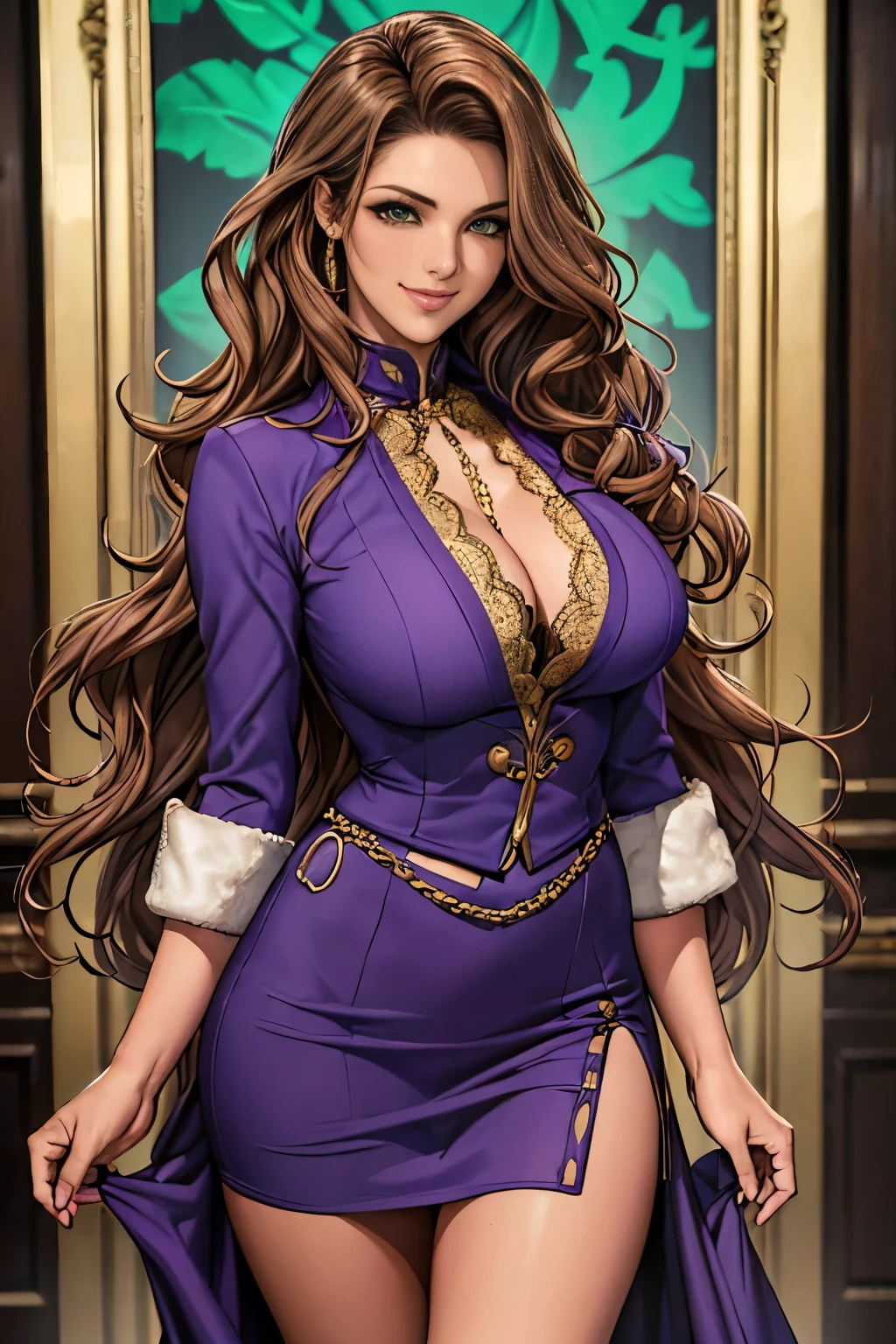 woman((30 years old)), hair((wavy, golden brown)), eye((smart eye, green)), Clothes((new york fashion week, Purple)),  smile, Proudly, random hairstyles, accessories,Costume with large open chest,super mini skirt,lace costume,revealing costumes