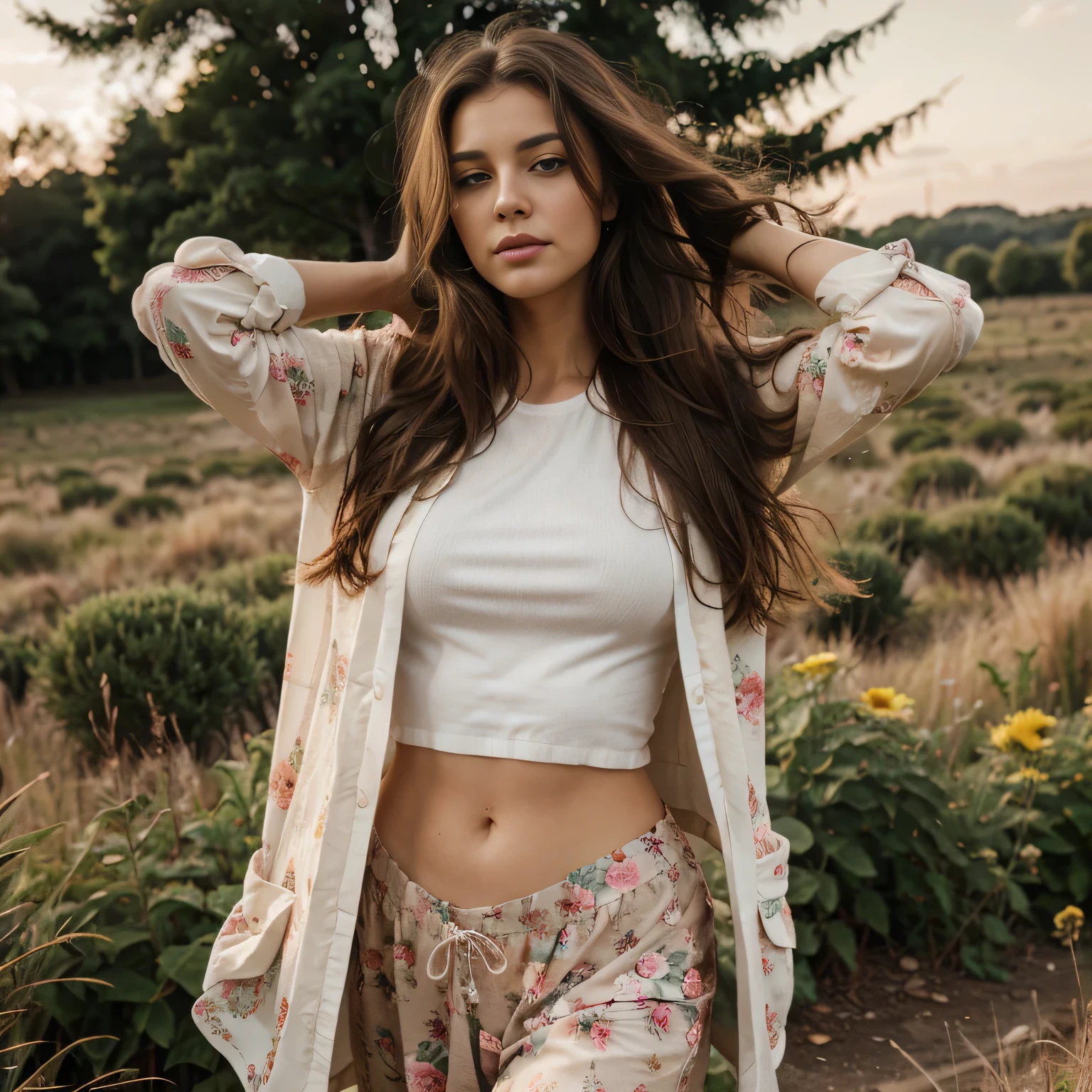 RAW uhd photo, high resolution photo, beautiful 25 years old girl, natural beauty, rare face, brown hair, thick wavy hair, very long hair, very big vivid brown eyes, 190cm tall, athletic physique, 70kg weight, dressed in designer clothes, clothes waving on the wind. Flowery meadow, sunrise, seductive pose, melancholic vibe, detailed (textures!, hair!, brightness, color!, imperfections:1.1).
