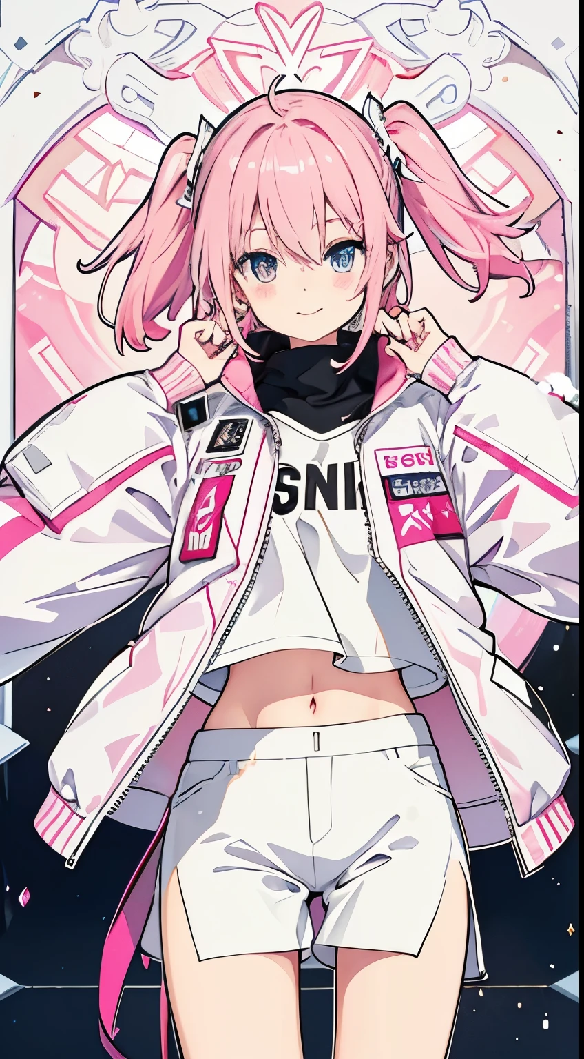 (8k、best image quality、highest quality、masterpiece)、1 、pink hair、two side up、shining eyes、evil smile、、white hot pants、white and pink oversized jacket、side slit、turn your arms behind your back、cowboy shot、I can see your stomach