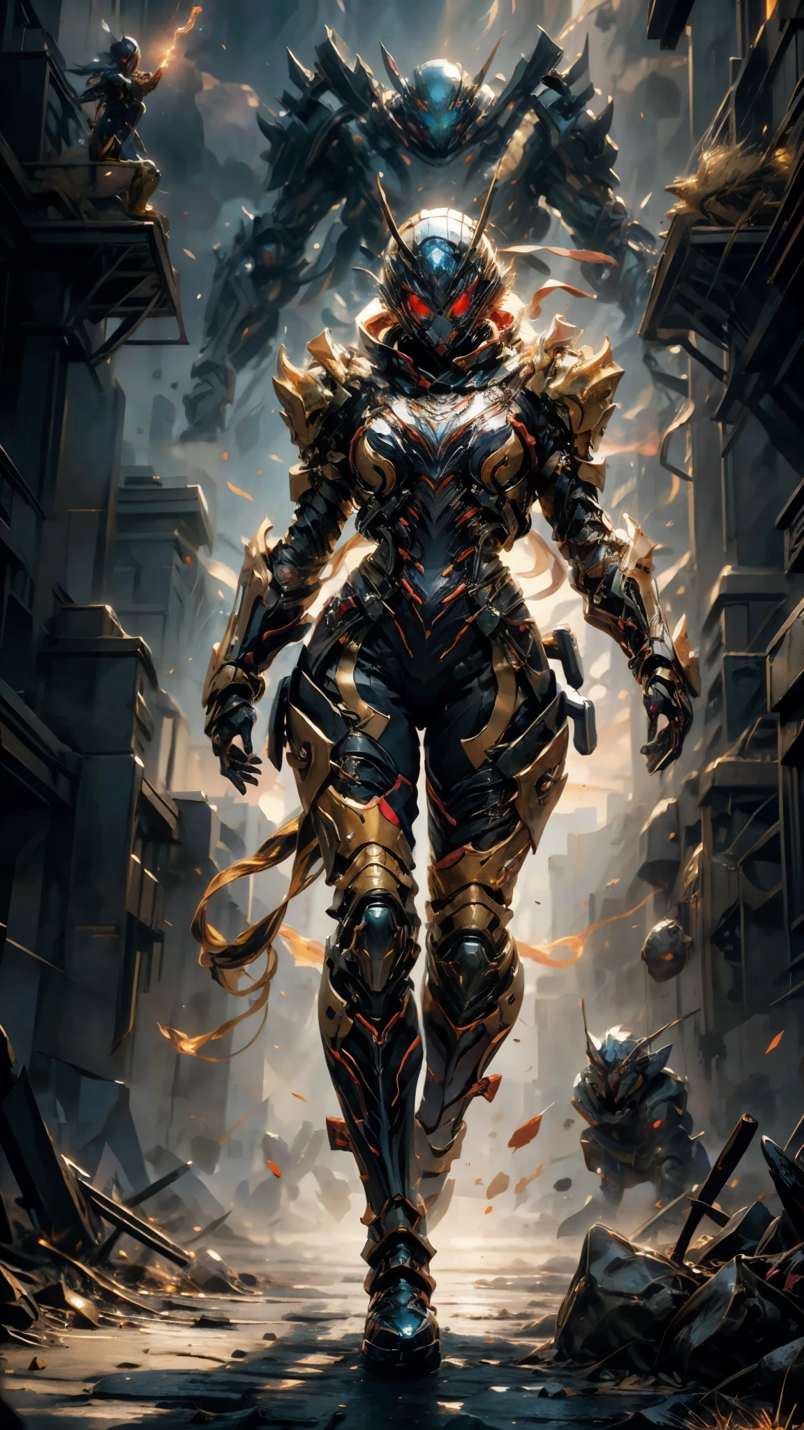 A woman adorned in fantasy-style full-body armor, a crown-concept fully enclosed helmet that unveils only her eyes, a composite layered chest plate, fully encompassing shoulder and hand guards, a lightweight waist armor, form-fitting shin guards, the overall design is heavy-duty yet flexible, ((the armor gleams with a golden glow, complemented by red and blue accents)), exhibiting a noble aura, she floats above a fantasy-surreal high-tech city, this character embodies a finely crafted fantasy-surreal style armored hero in anime style, exquisite and mature manga art style, (mixture of Queen bee and Spider concept Armor, plasma, blood), ((Element, energy, elegant, goddess, femminine:1.5)), metallic, high definition, best quality, highres, ultra-detailed, ultra-fine painting, extremely delicate, professional, anatomically correct, symmetrical face, extremely detailed eyes and face, high quality eyes, creativity, RAW photo, UHD, 32k, Natural light, cinematic lighting, masterpiece-anatomy-perfect, masterpiece:1.5