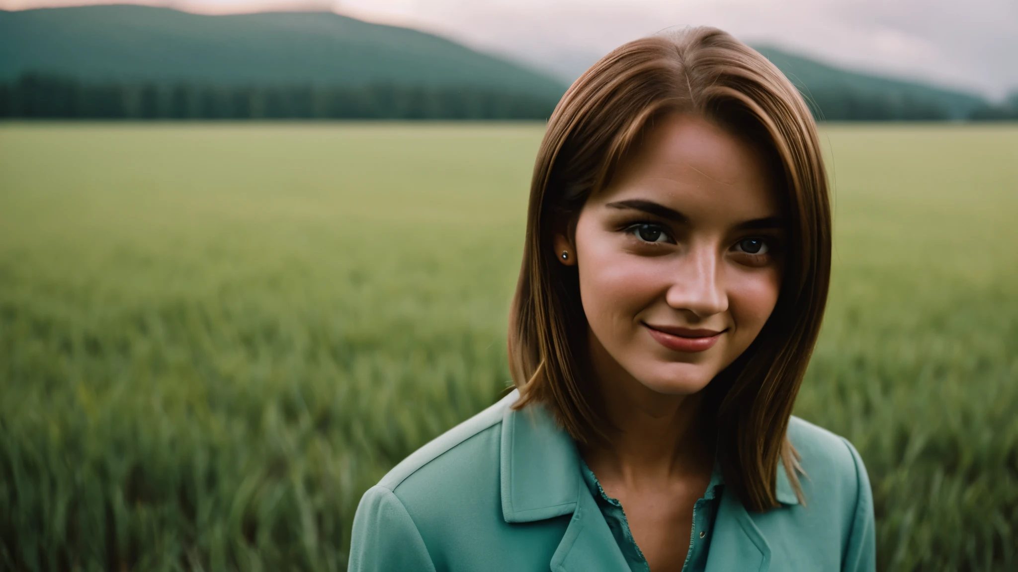 film photography portrait of a lady,detailed gorgeous eyes,smile,hyperrealistic,overcast lighting,shot on kodak portra 200,film grain,nostalgic mood