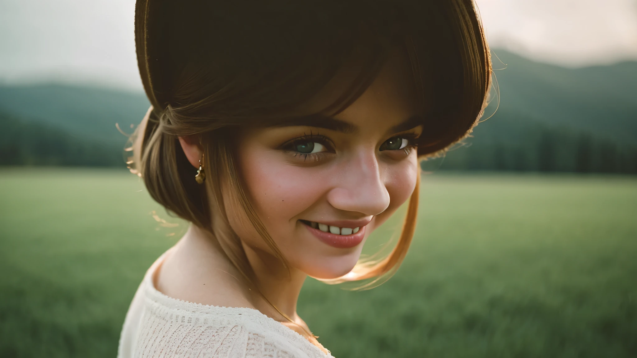 film photography portrait of a lady,detailed gorgeous eyes,smile,hyperrealistic,overcast lighting,shot on kodak portra 200,film grain,nostalgic mood