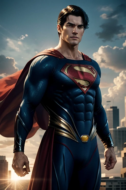 Realistic portrayal of Superman, the iconic superhero, exuding strength and determination, ready to defend truth and justice.