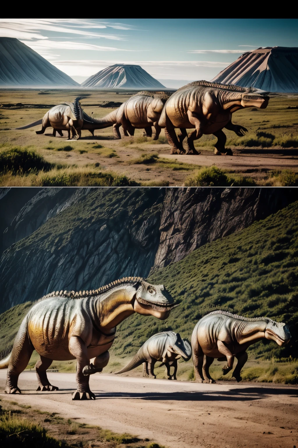 RAW photo in sequence, an image of a primordial period, ((scene from a cinematic journey, olhar admirativo)), dinosaurs and their families, exploring the backgrounds of prehistoric landscapes, telling a story that goes beyond time itself. - 16:9 AR RAW image sequence captures an old moment, ((scene from a cinematic trip, olhar maravilhoso)), of dinosaurs with their families, aventurando-se nos fundos de